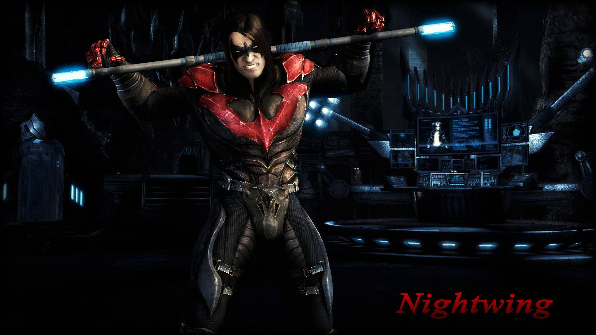 Nightwing, glowing blue staff, dark tech-filled lair, Full HD Desktop Wallpaper