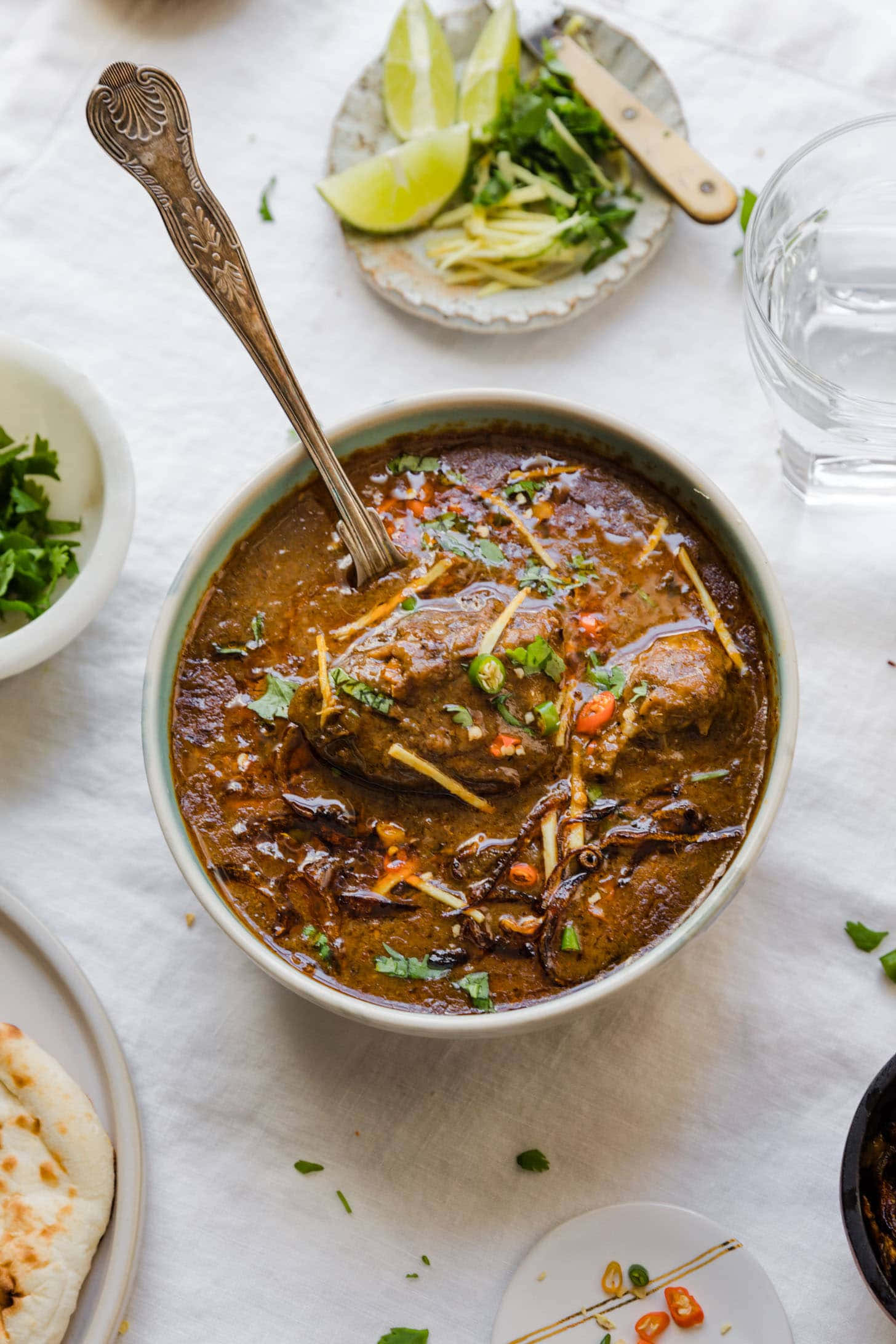 Nihari, ceramic bowl, white tablecloth, Full HD Phone Wallpaper