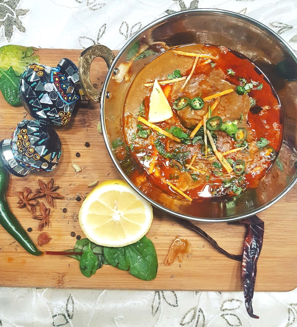Nihari, metal bowl, rich red curry, SD Phone Wallpaper