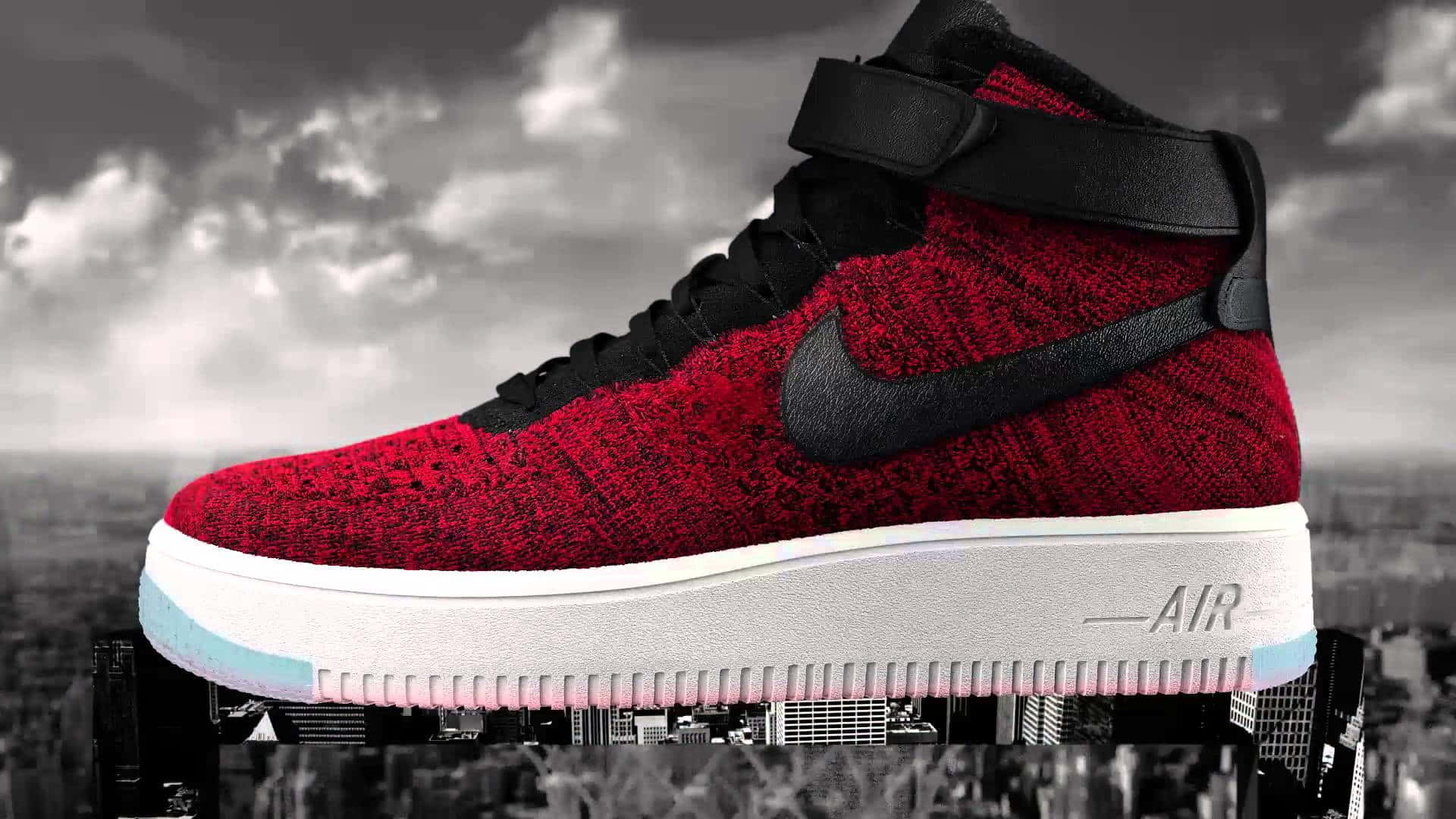 Nike AF1, red high-top sneaker, black swoosh, Full HD Desktop Wallpaper