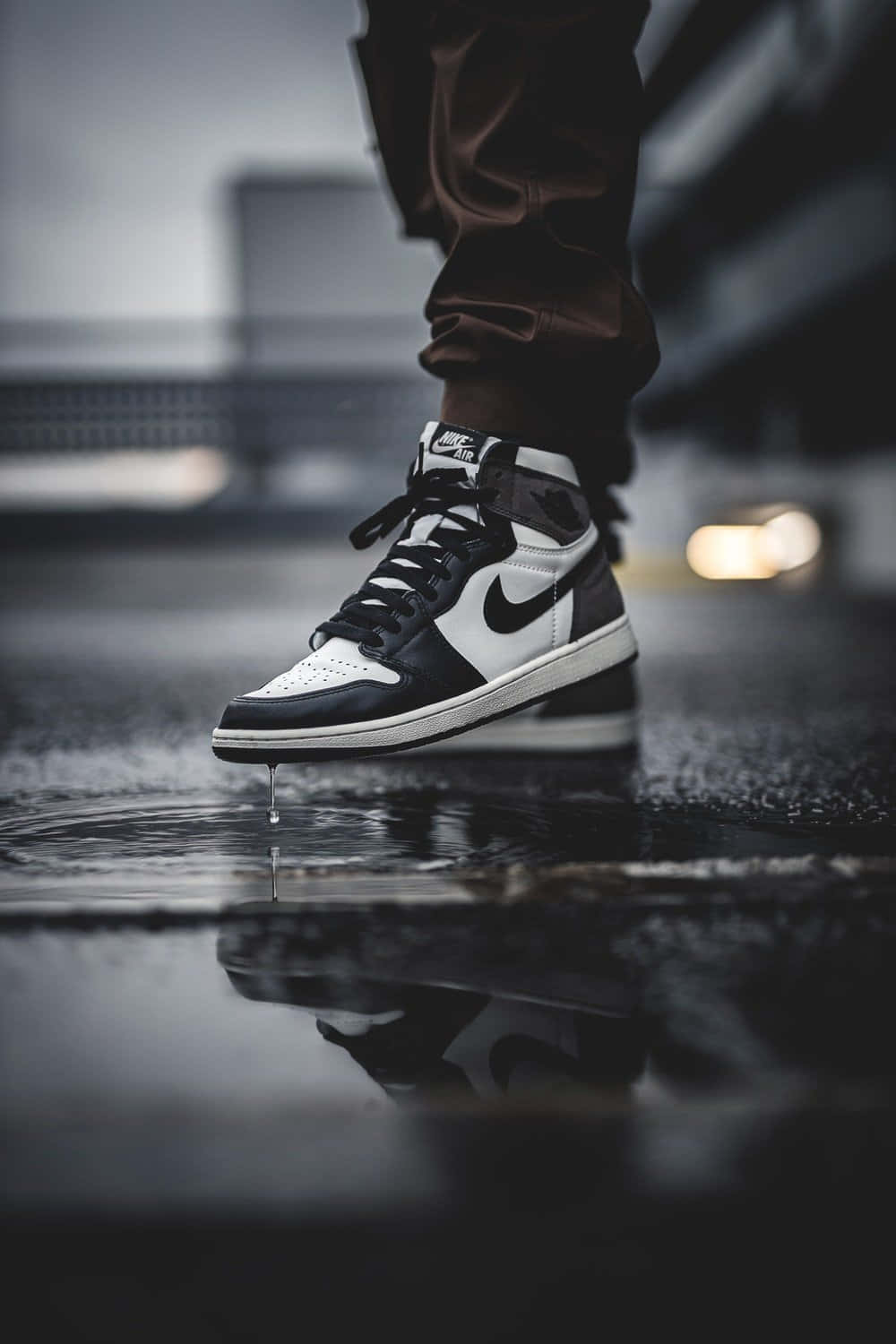 Nike Air Jordan, black and white, wet urban pavement, HD Phone Wallpaper