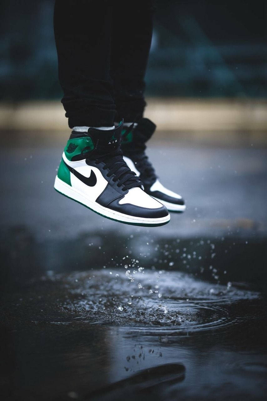 Nike Air Jordan 1, black white and green sneakers, rain soaked pavement, HD Phone Wallpaper