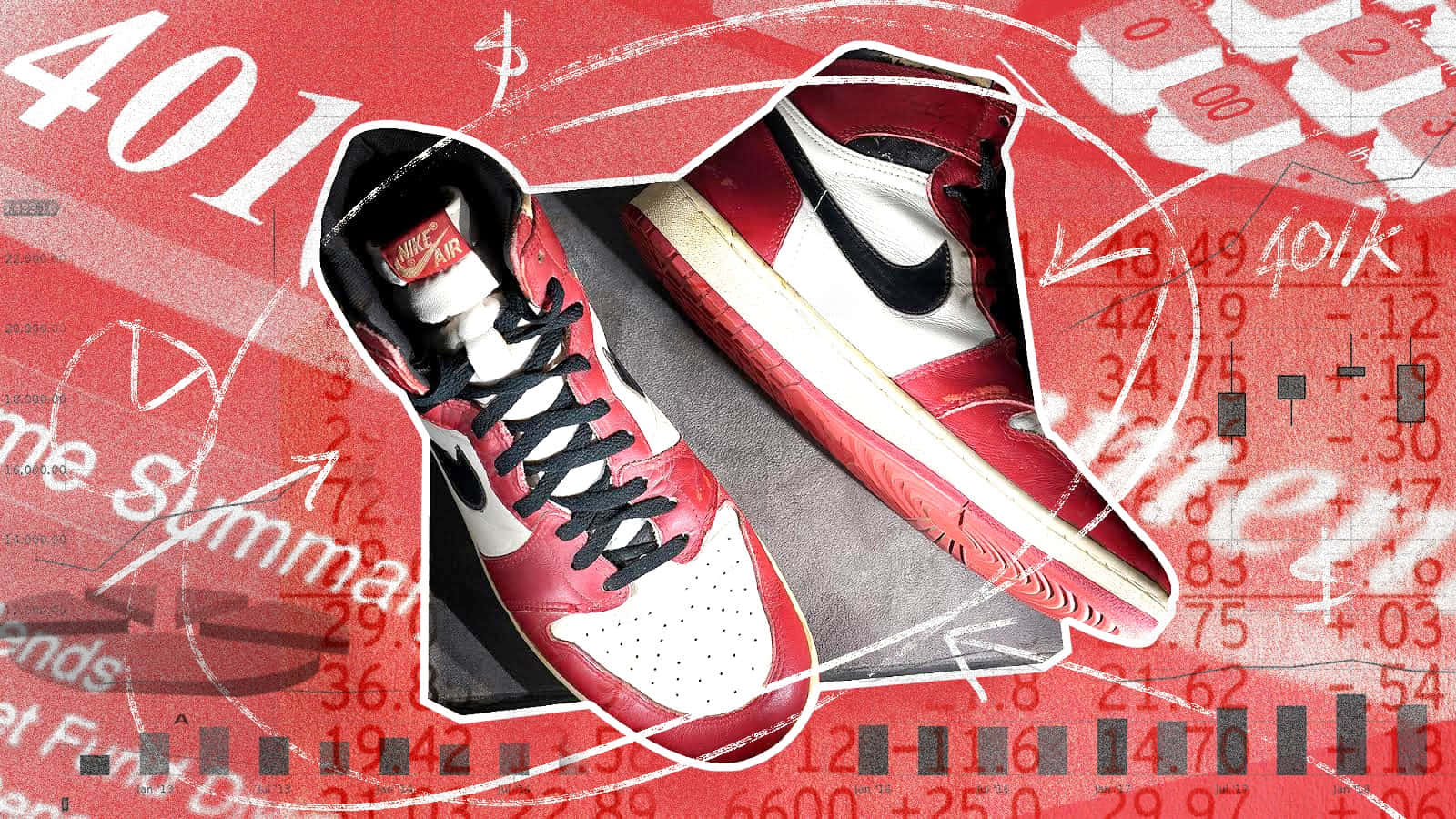 Nike Air Jordan 1, red and white, chaotic red background, HD Desktop Wallpaper
