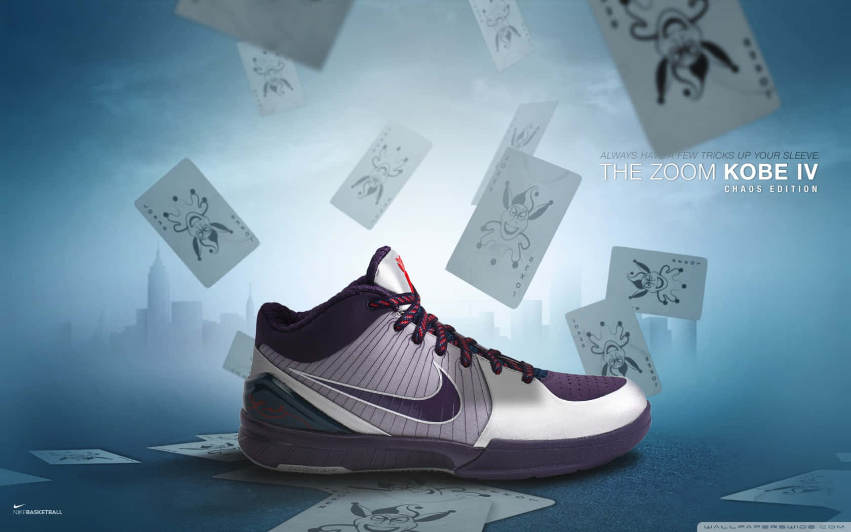Nike Basketball, purple and white basketball shoe, falling playing cards, HD Desktop Wallpaper
