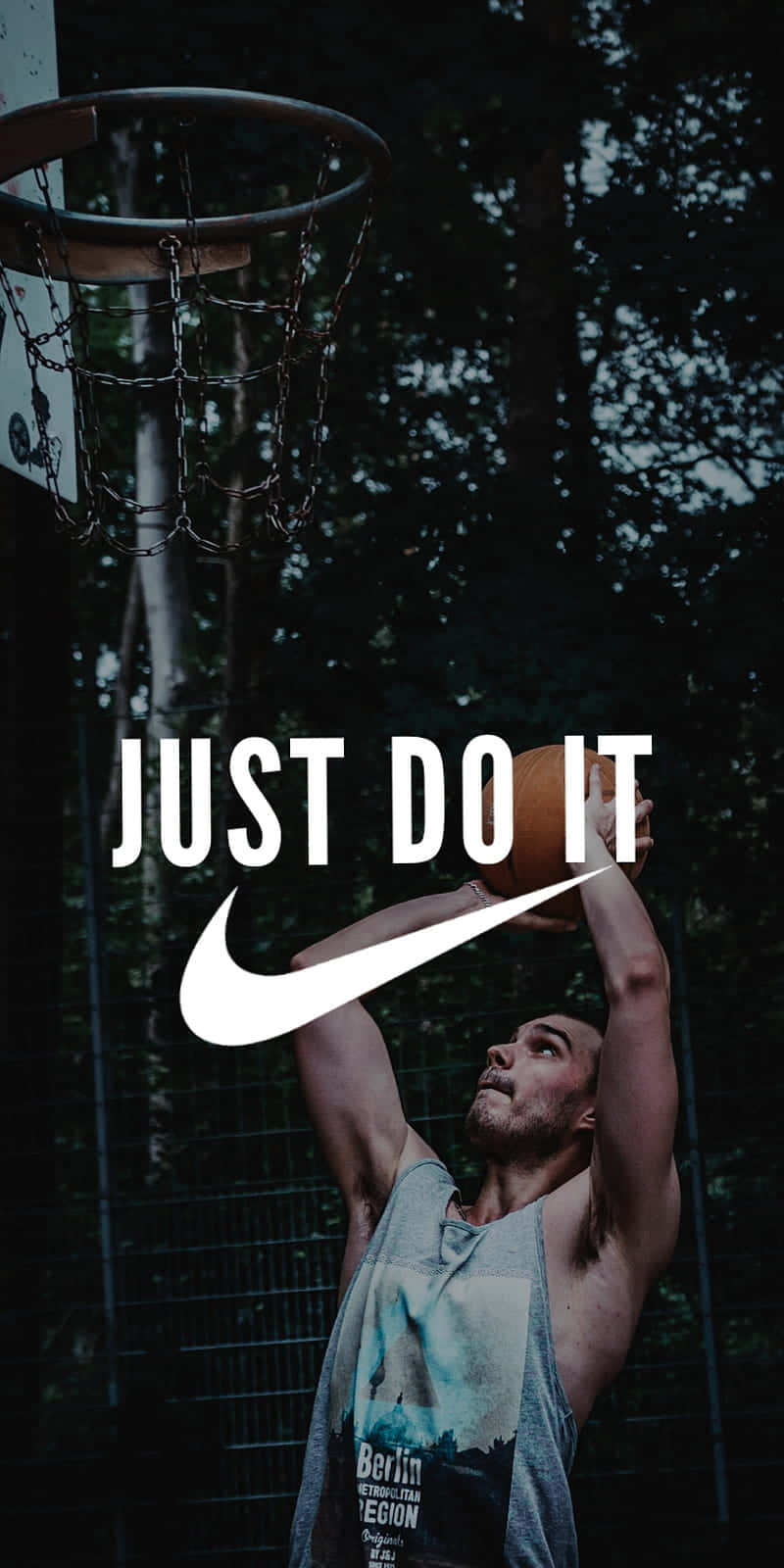 Nike Basketball, chain-link hoop, dim forested court, HD Phone Wallpaper