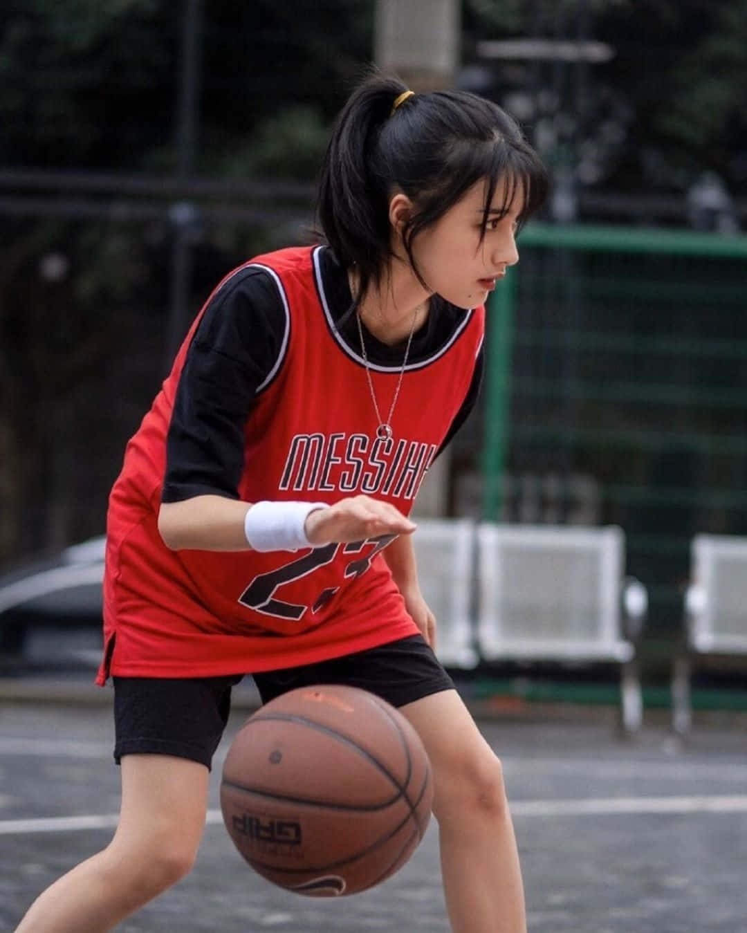 basketball girl, red basketball jersey, outdoor court, HD Phone Wallpaper