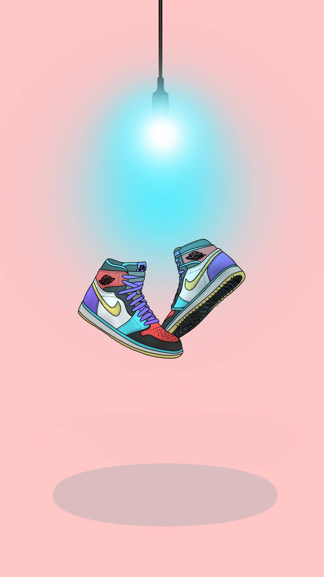 colorful cartoon nike shoes, glowing blue spotlight, soft pink background, Full HD Phone Wallpaper