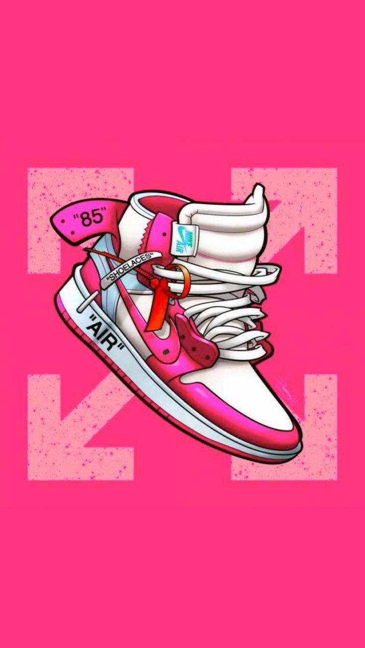 pink aesthetic cartoon nike shoe, vibrant pink and white high-top sneaker, red laces, HD Phone Wallpaper