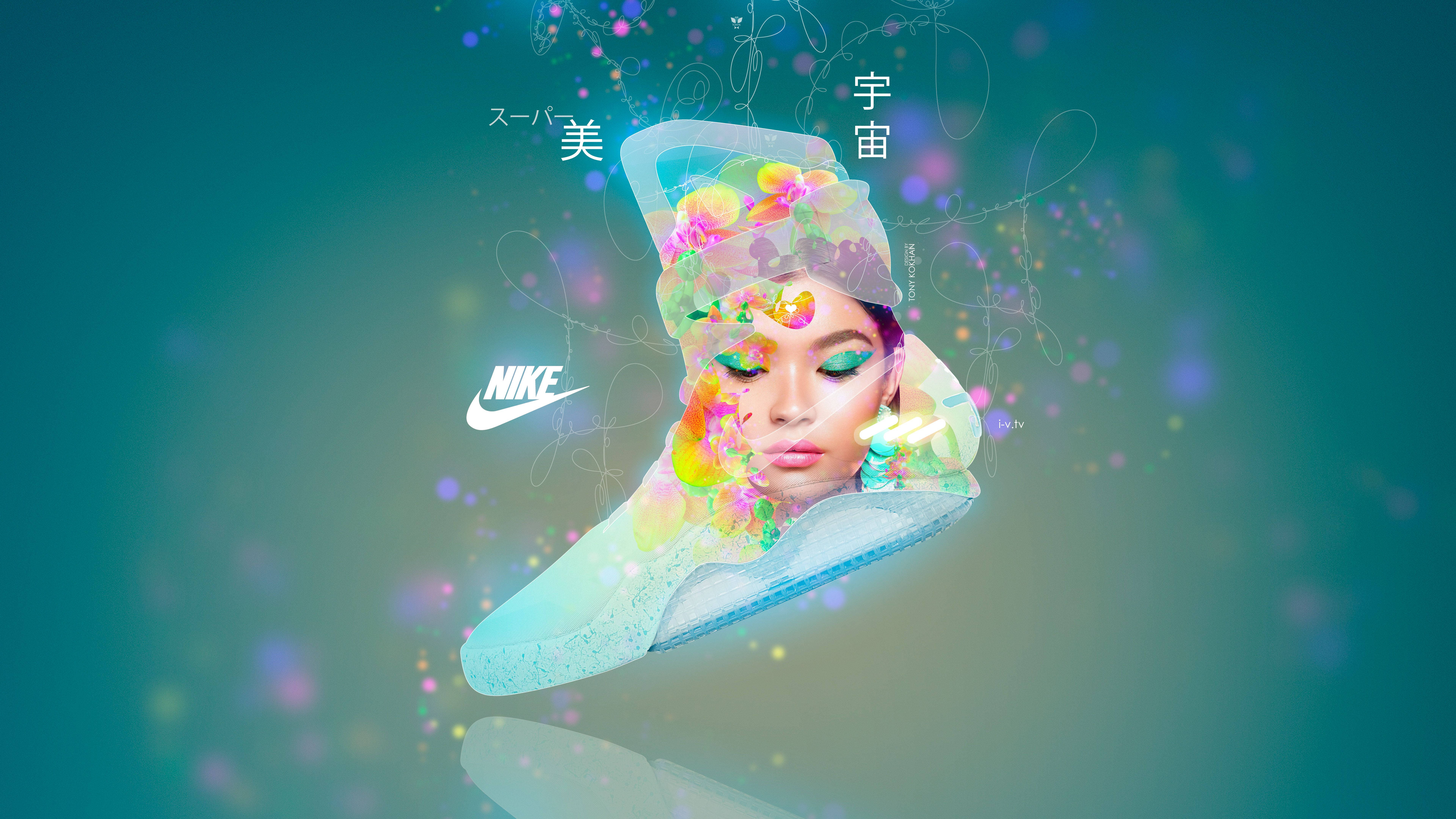 Nike girl, floral patterns, glowing particles, 8K Desktop Wallpaper
