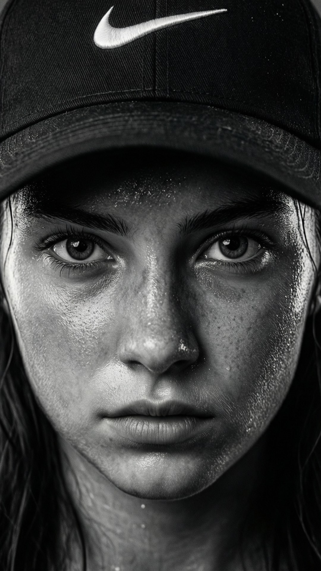 Nike cap, black and white portrait, sweaty woman, Full HD Phone Wallpaper