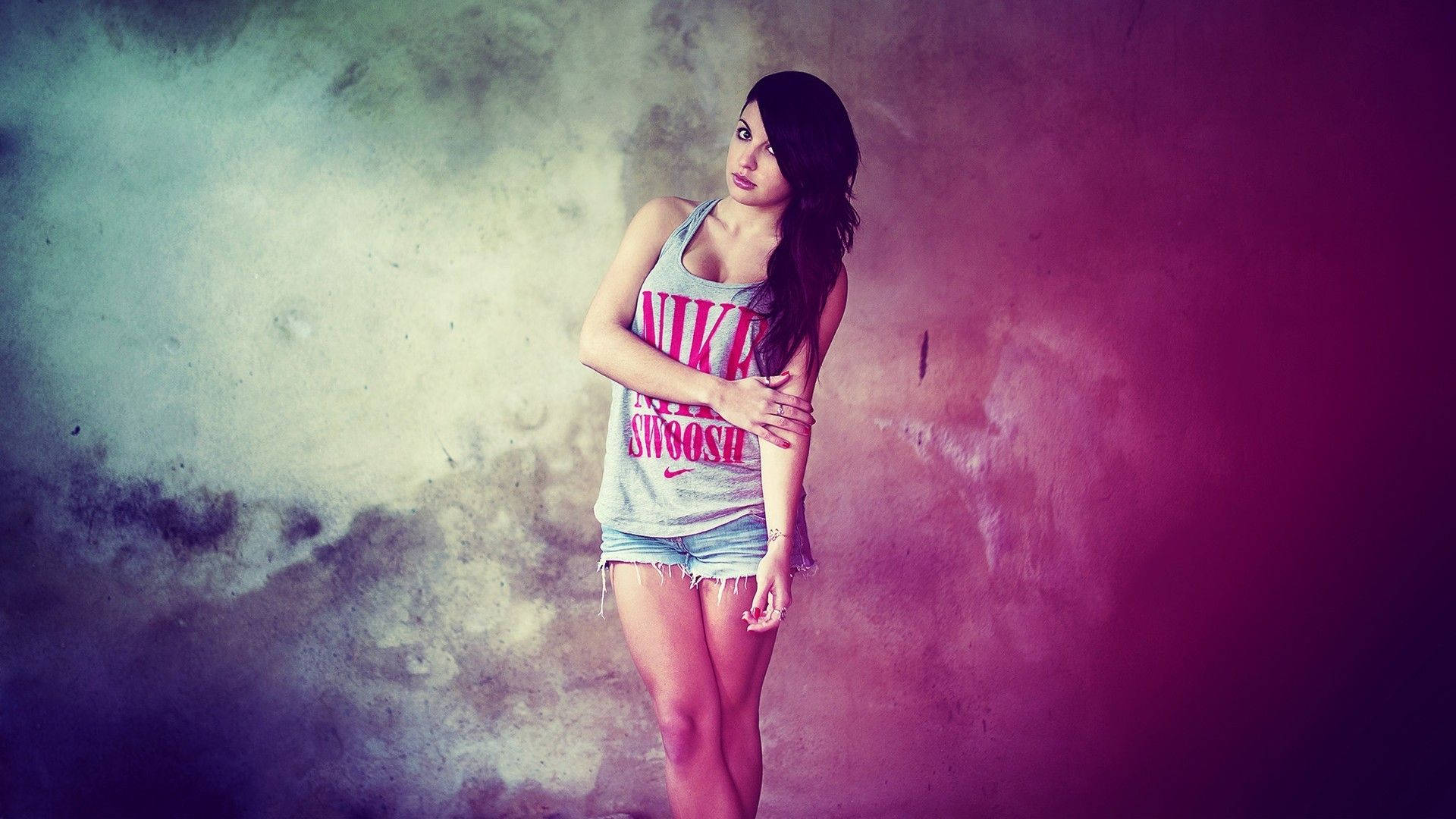 Nike girl, grey tank top, denim shorts, Full HD Desktop Wallpaper