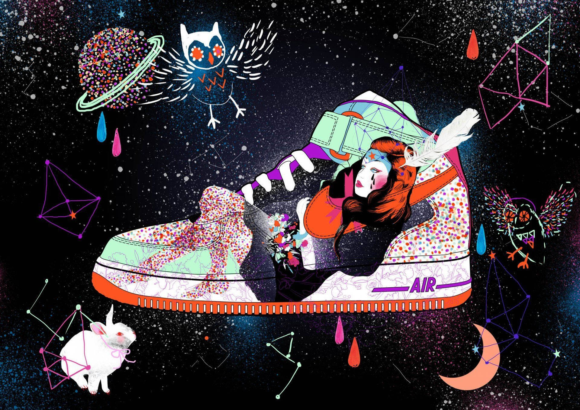 Nike girl, giant sneaker, starry cosmic scene, Full HD Desktop Wallpaper