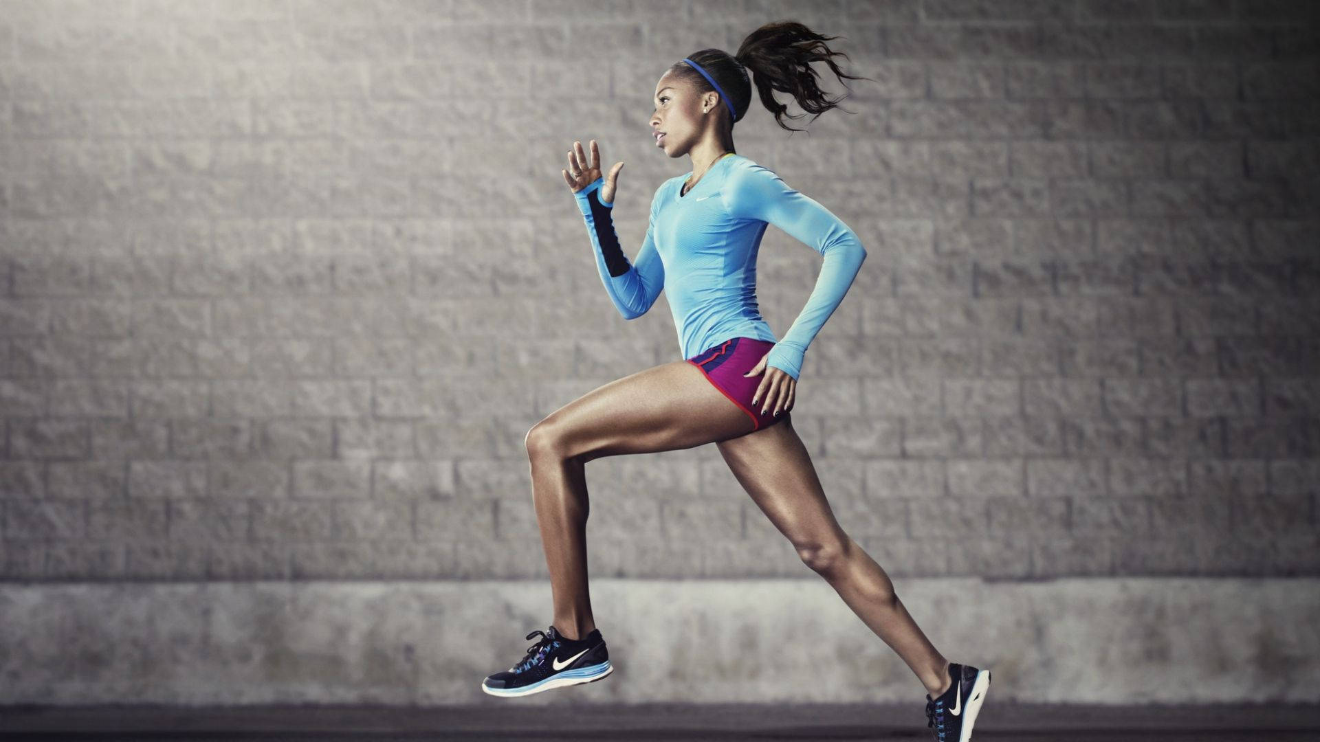 Nike girl, blue top, magenta shorts, Full HD Desktop Wallpaper