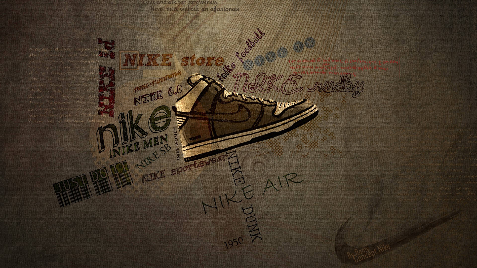 Nike, vintage Nike sneaker illustration, retro brand text, Full HD Desktop Wallpaper