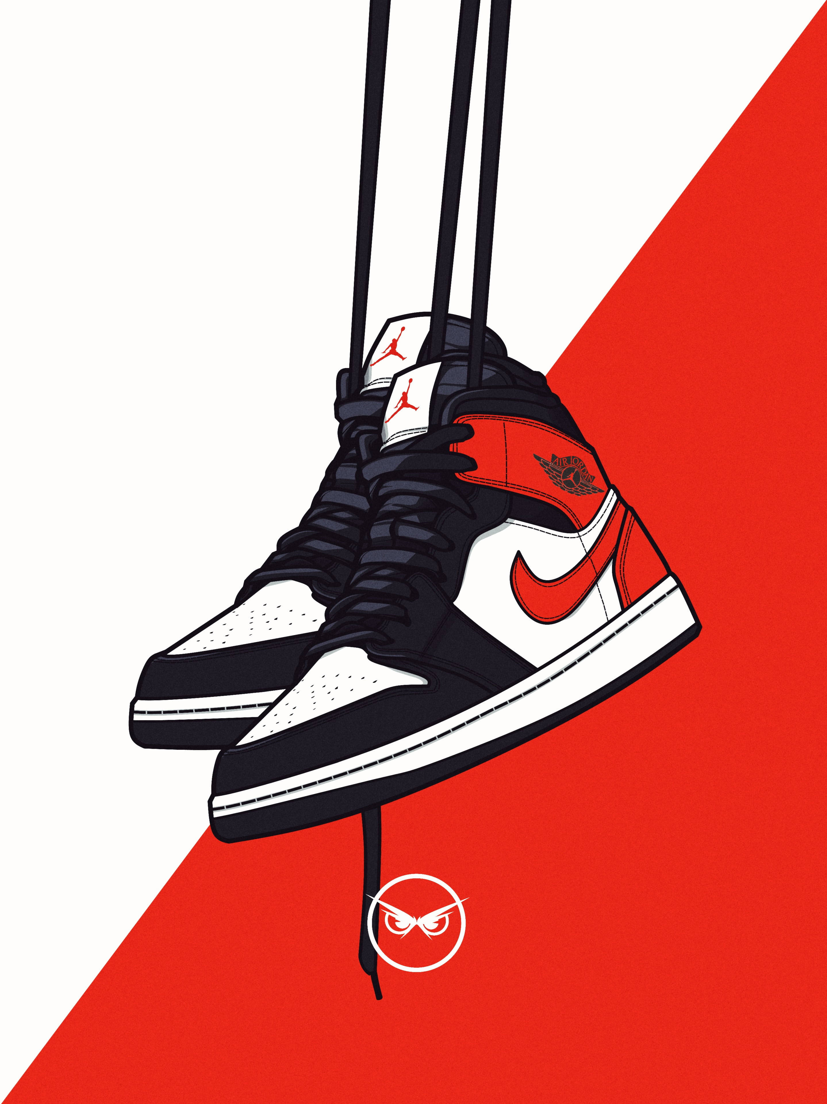 Nike Jordan 1, black white and red, diagonal background, 4K Phone Wallpaper