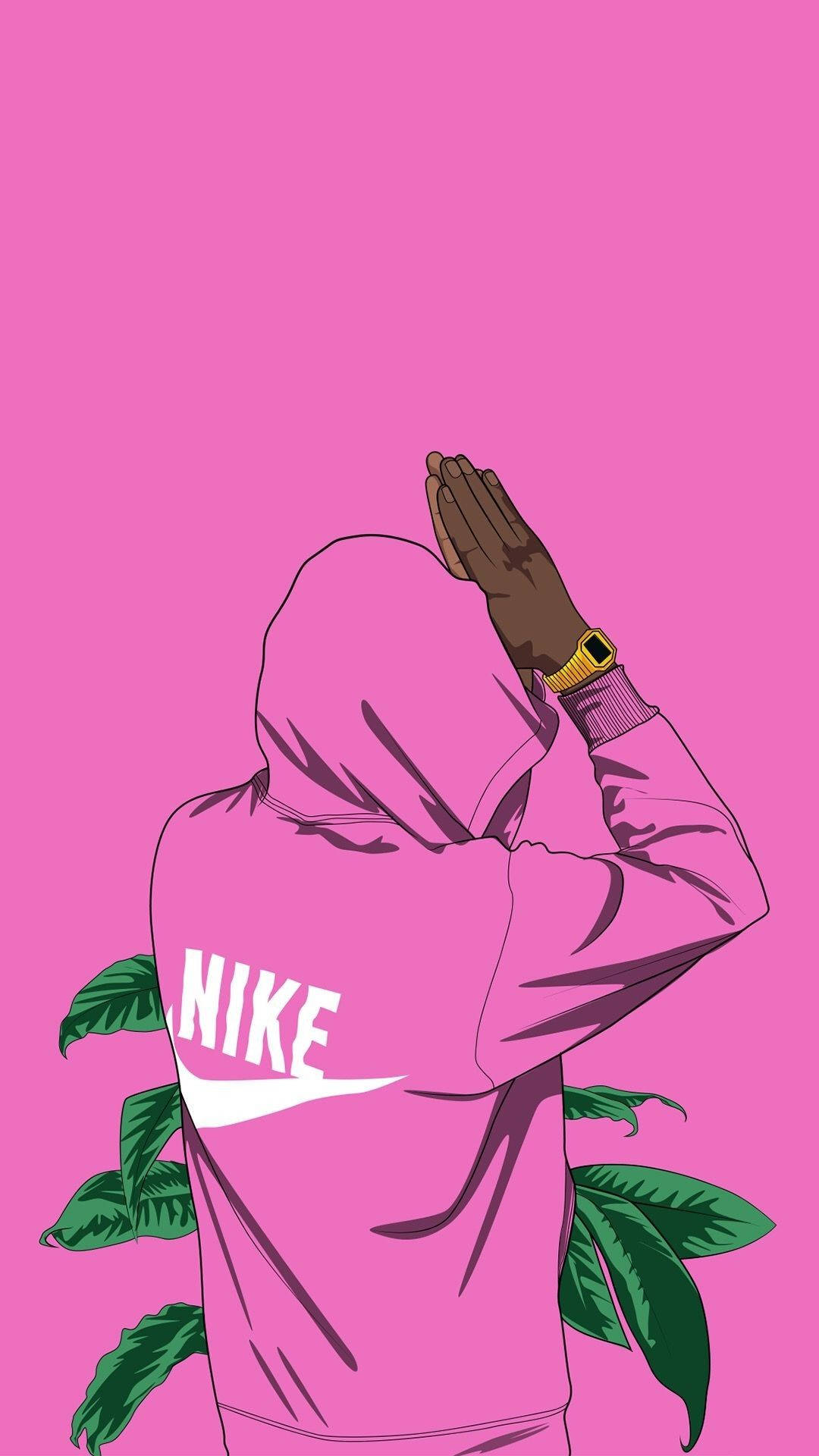 pink Nike hoodie, solid pink background, green leaves, Full HD Phone Wallpaper