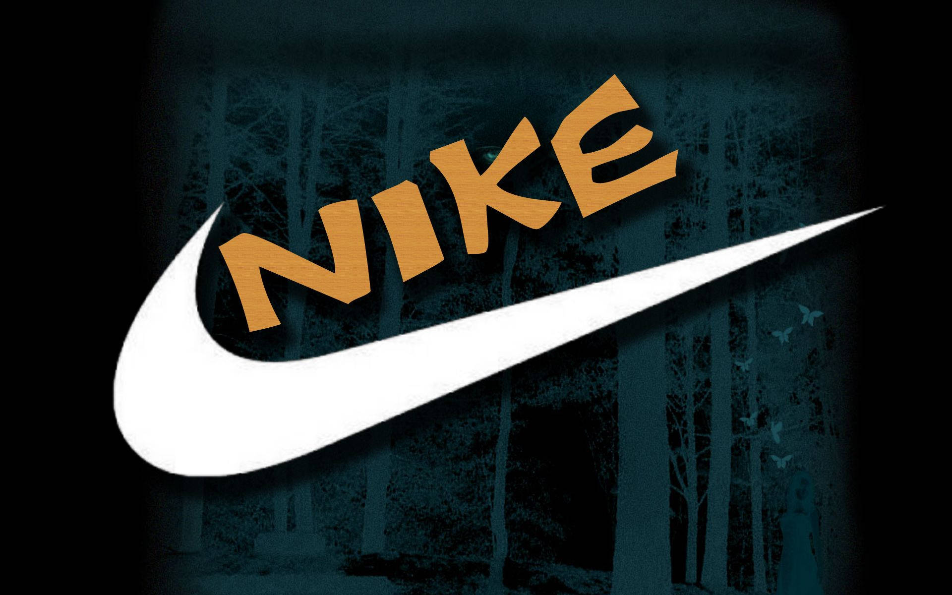 Nike, orange and white Nike logo, dark teal forest scene, Full HD Desktop Wallpaper