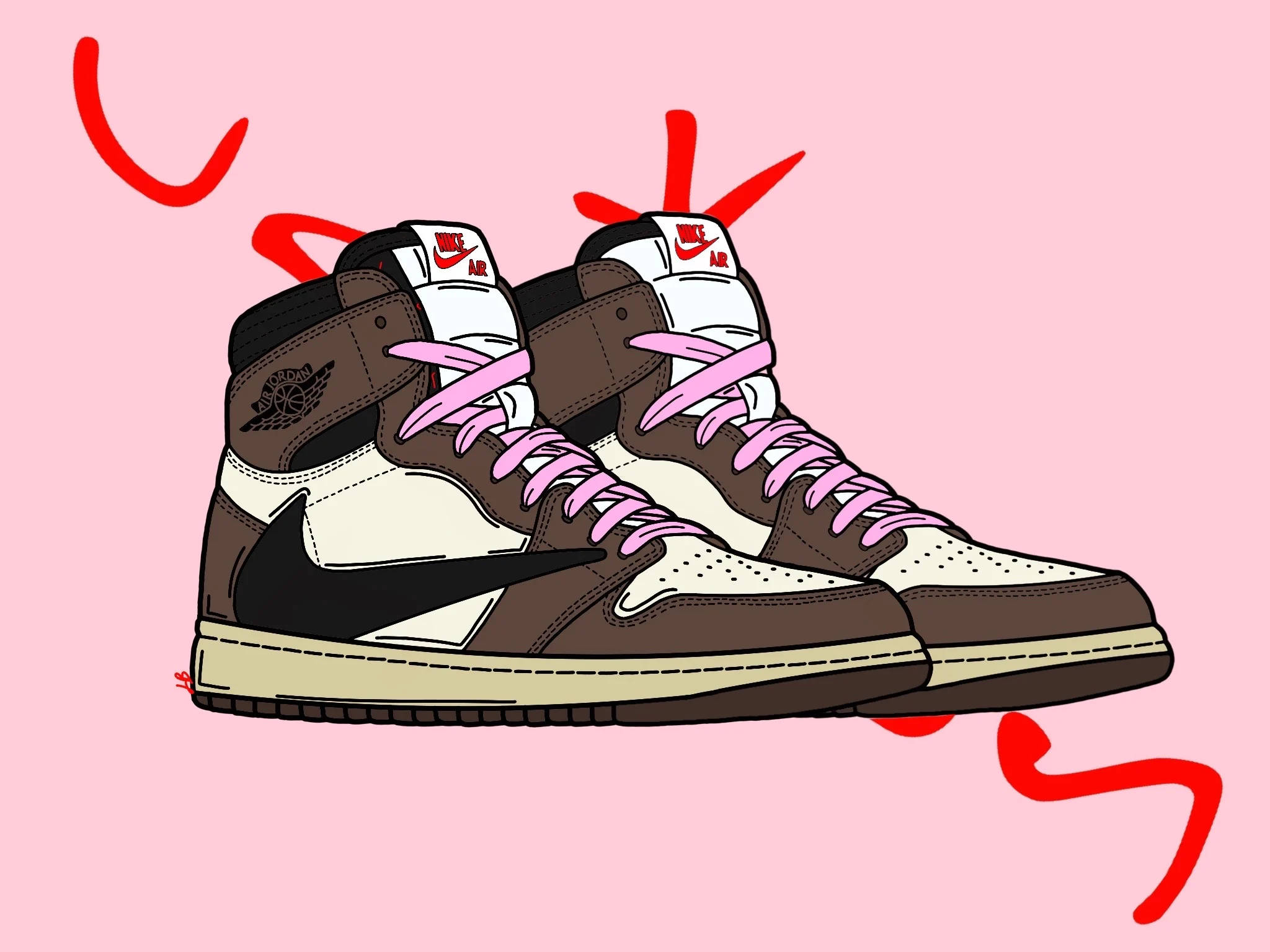 brown and pink cartoon nike shoes, brown and white high-top sneakers, pink laces, Full HD Desktop Wallpaper