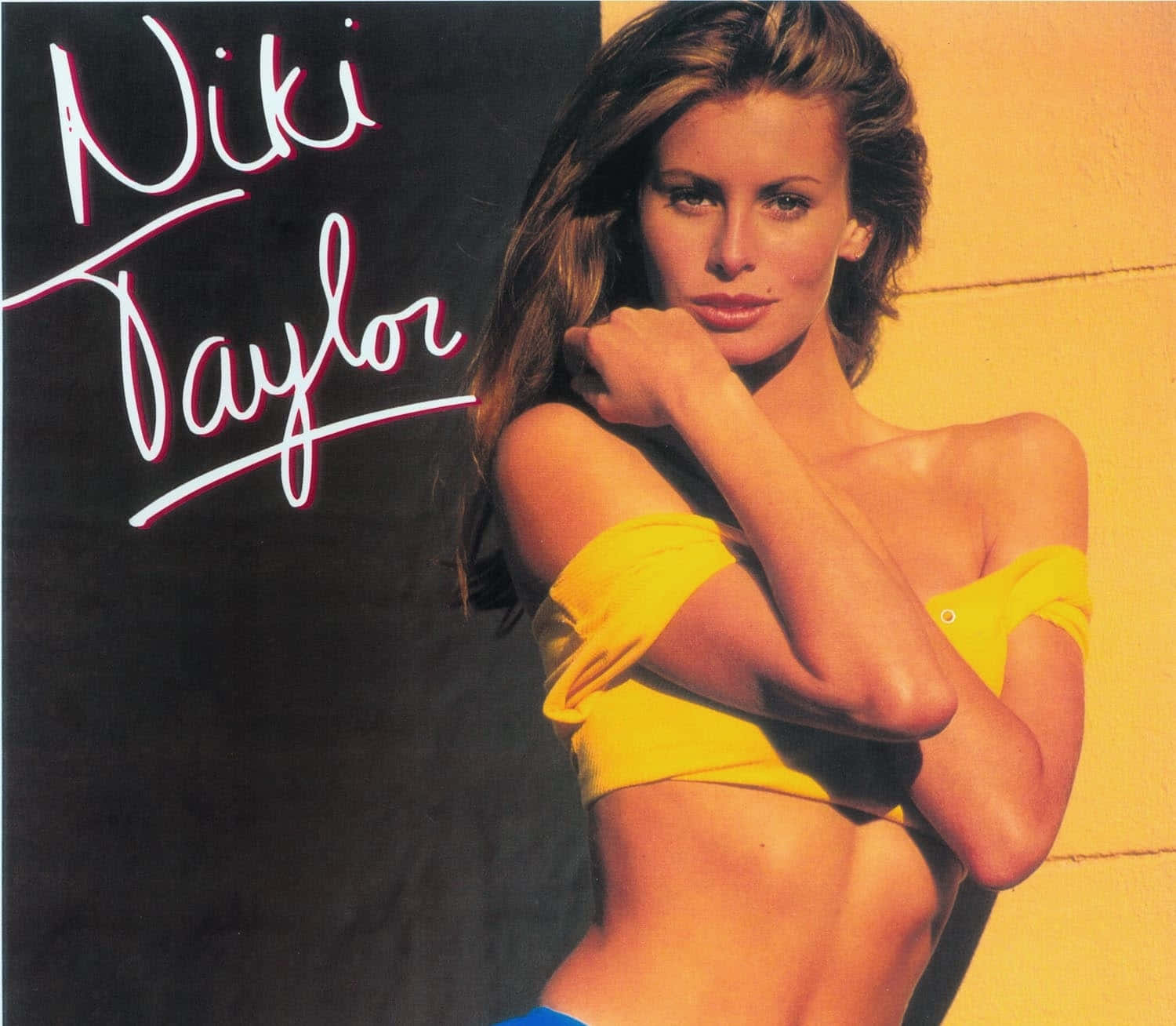Niki Taylor, all black outfit, bright yellow top, HD Desktop Wallpaper