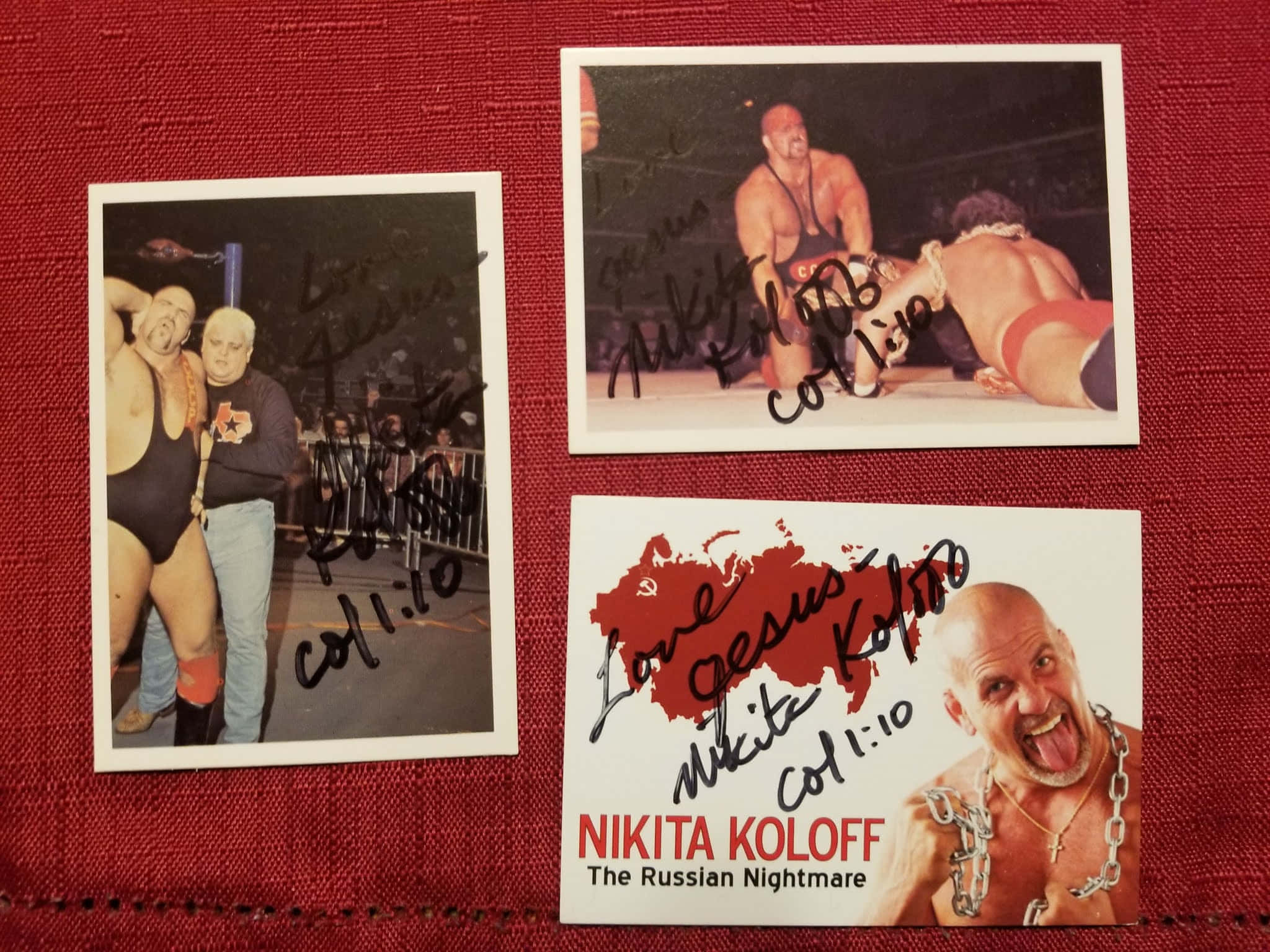 Nikita Koloff, autographed wrestling photos, textured red fabric background, Full HD Desktop Wallpaper
