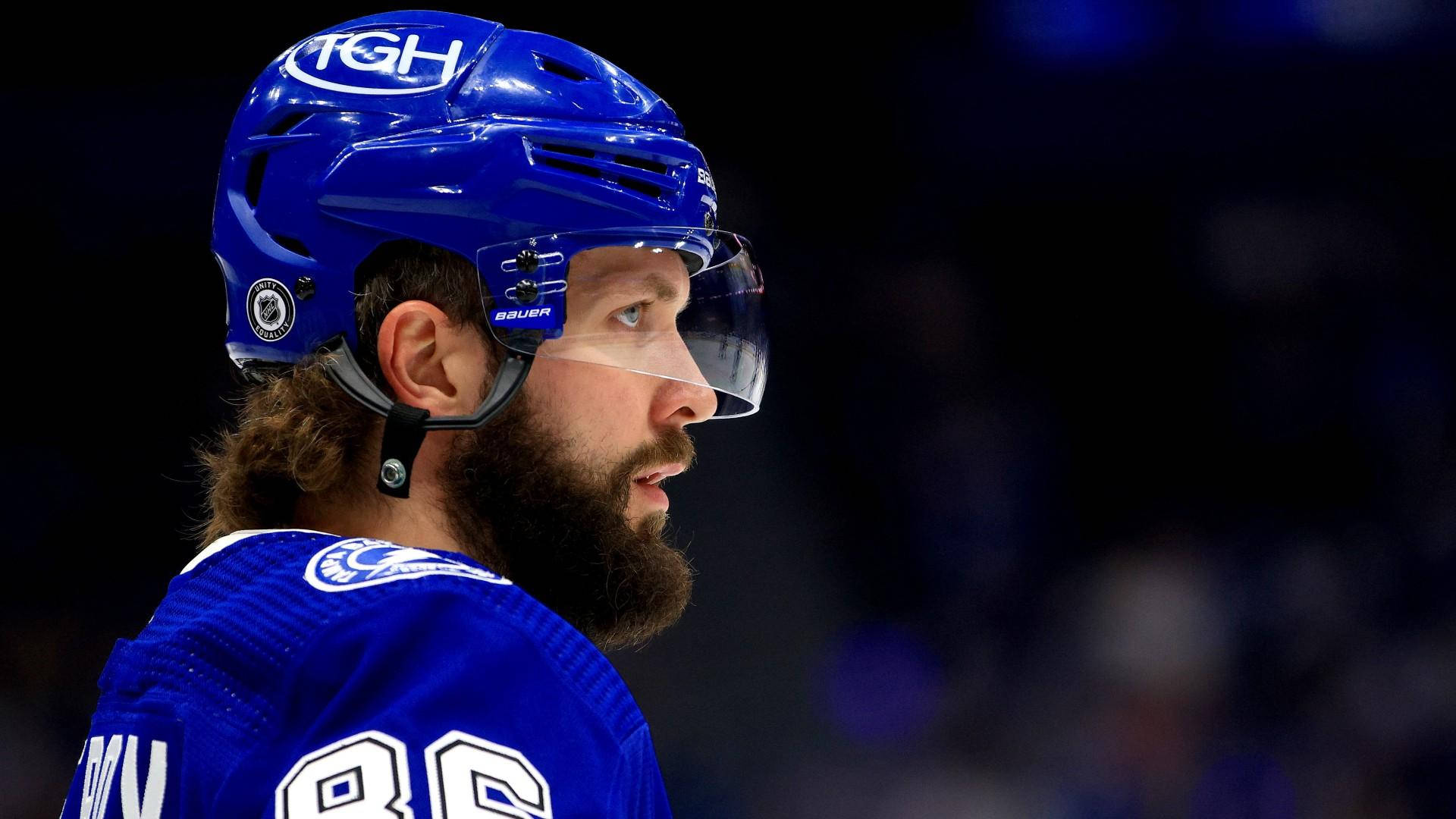 Nikita Kucherov, blue helmet, jersey, Full HD Desktop Wallpaper
