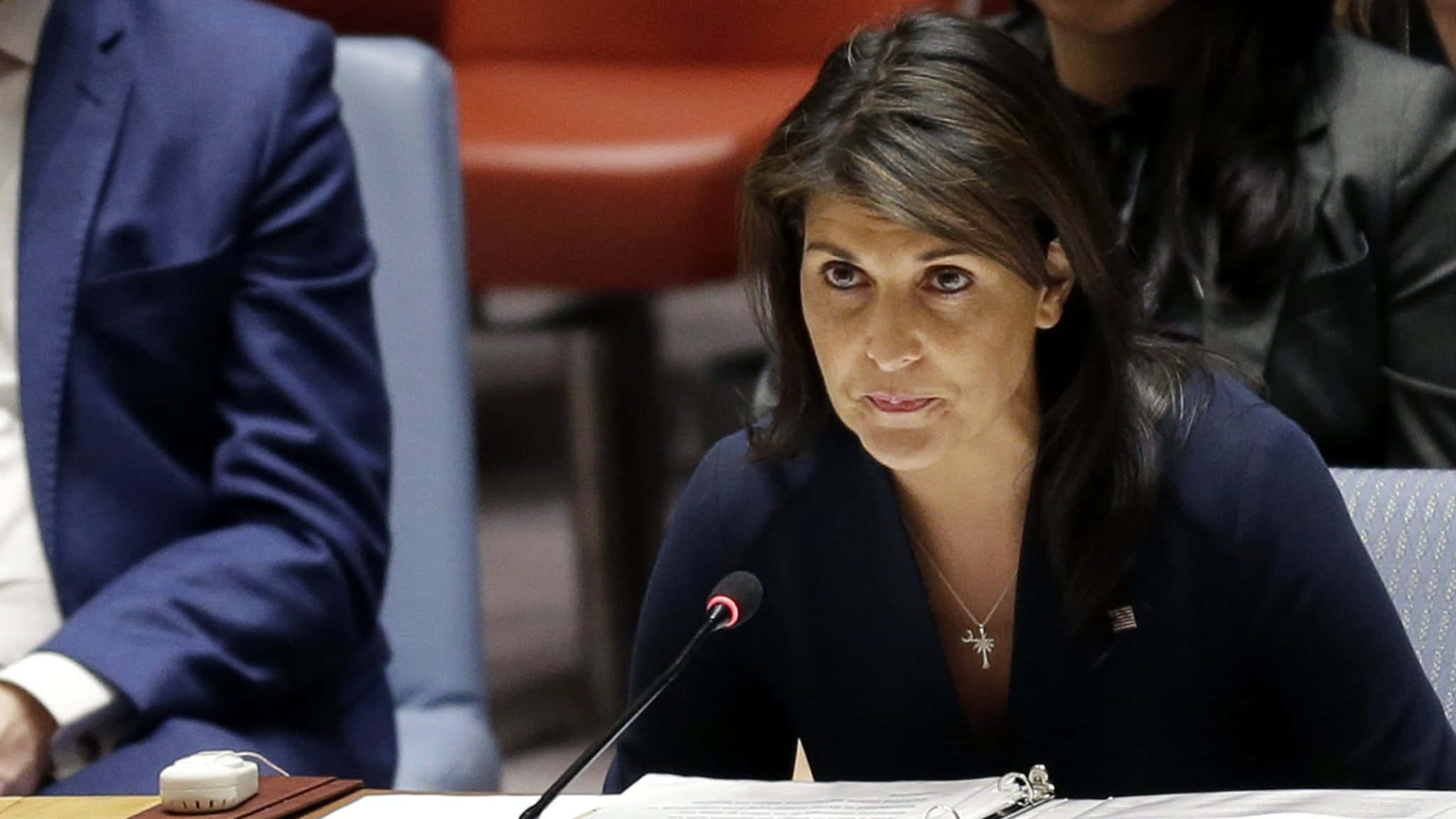 Nikki Haley, dark suit, microphone, Full HD Desktop Wallpaper