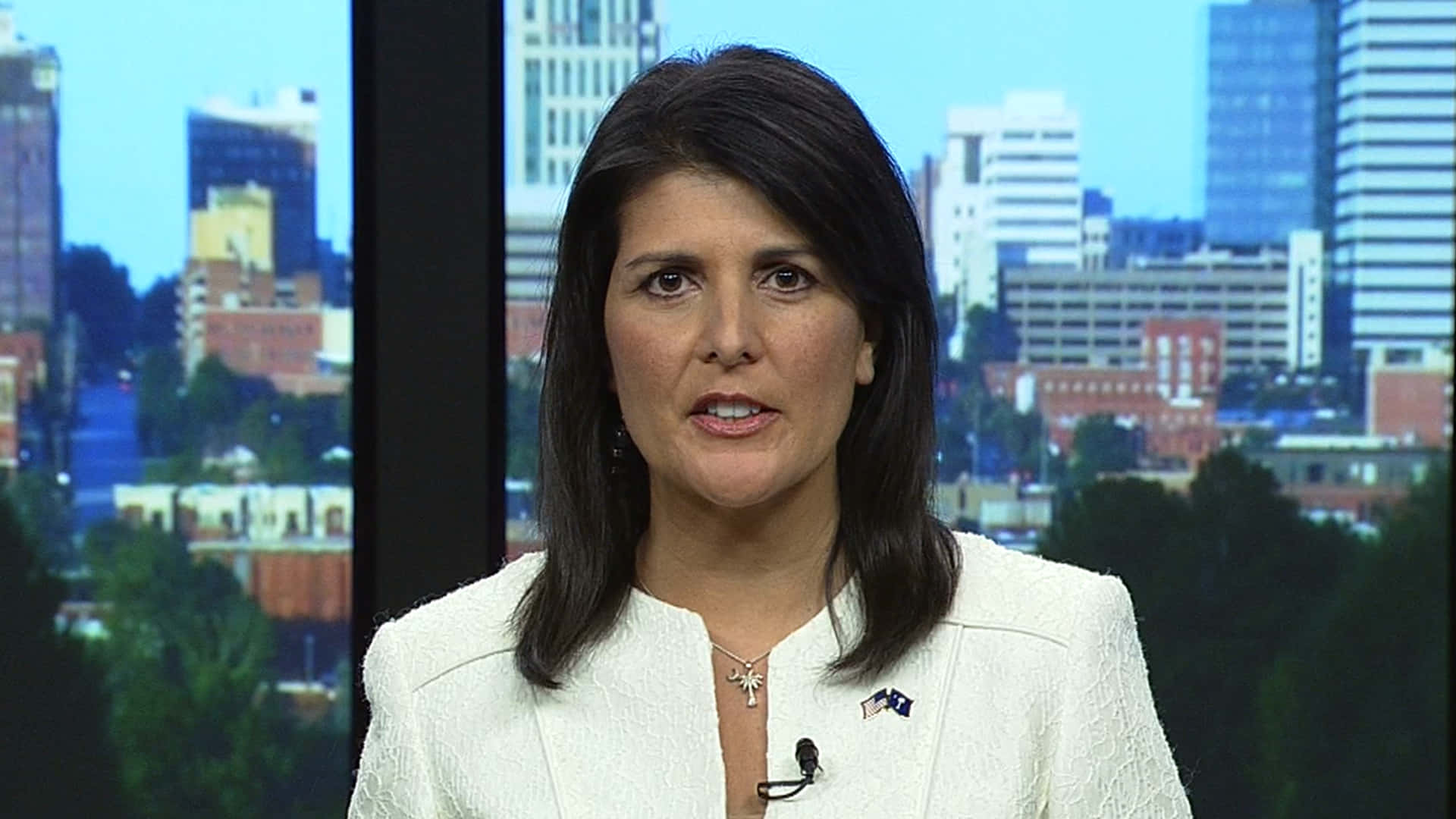 Nikki Haley, white blazer, cityscape backdrop, Full HD Desktop Wallpaper