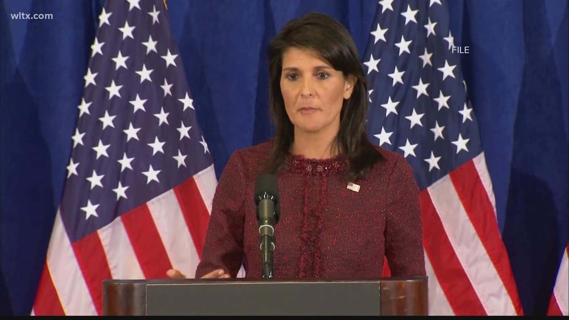 Nikki Haley, maroon textured blouse, podium, Full HD Desktop Wallpaper