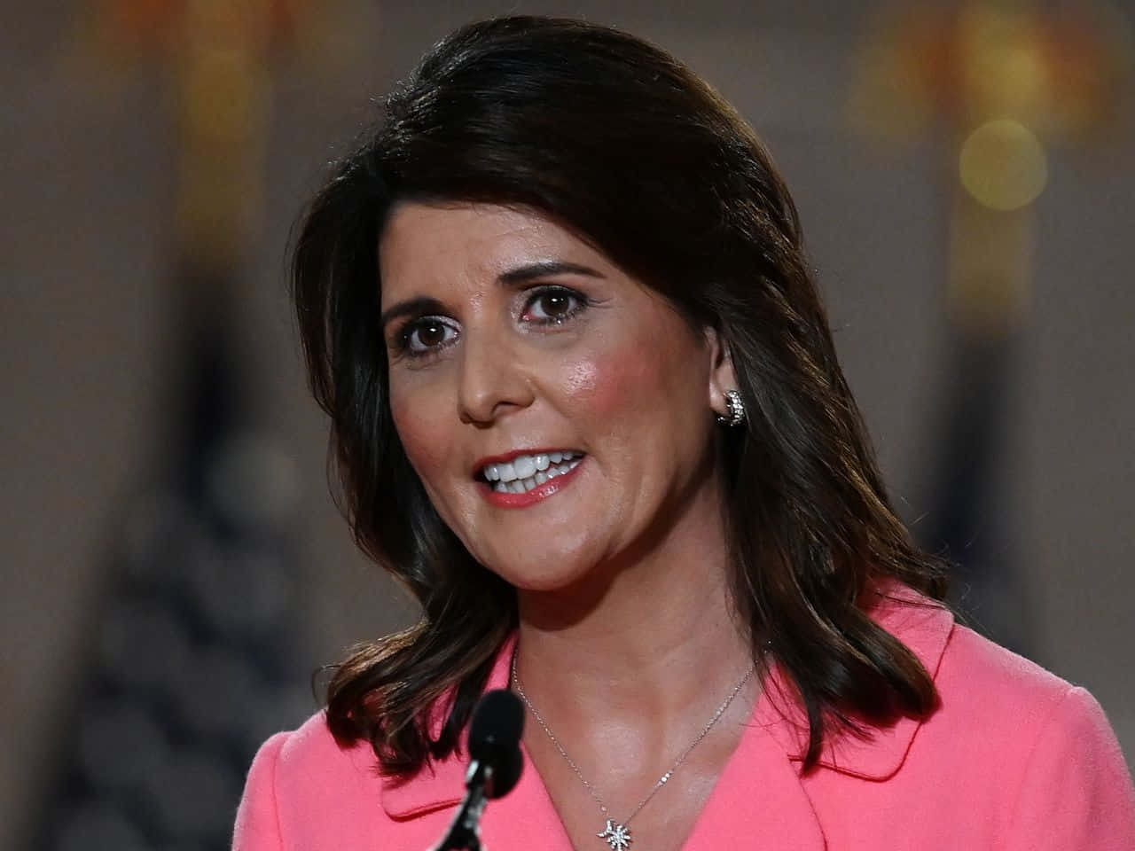 Nikki Haley, pink blazer, microphone, HD Desktop Wallpaper