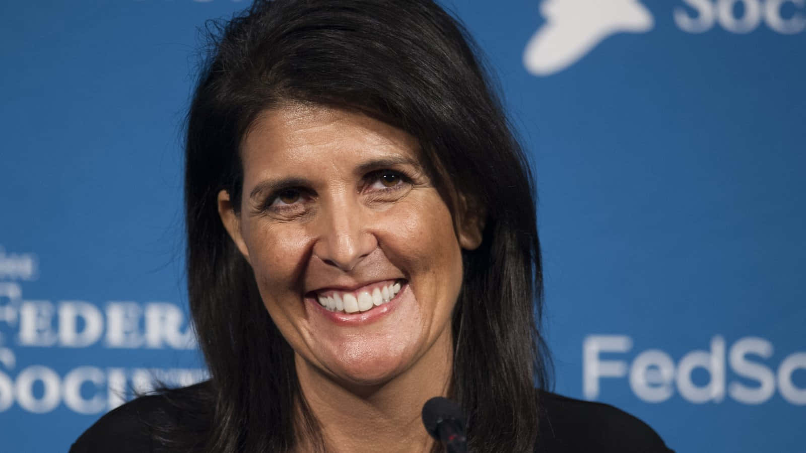 Nikki Haley, dark hair, smiles brightly, HD Desktop Wallpaper