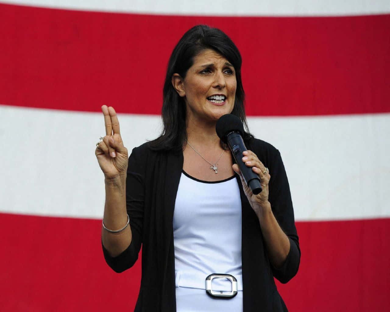 Nikki Haley, peace sign, red and white striped backdrop, HD Desktop Wallpaper
