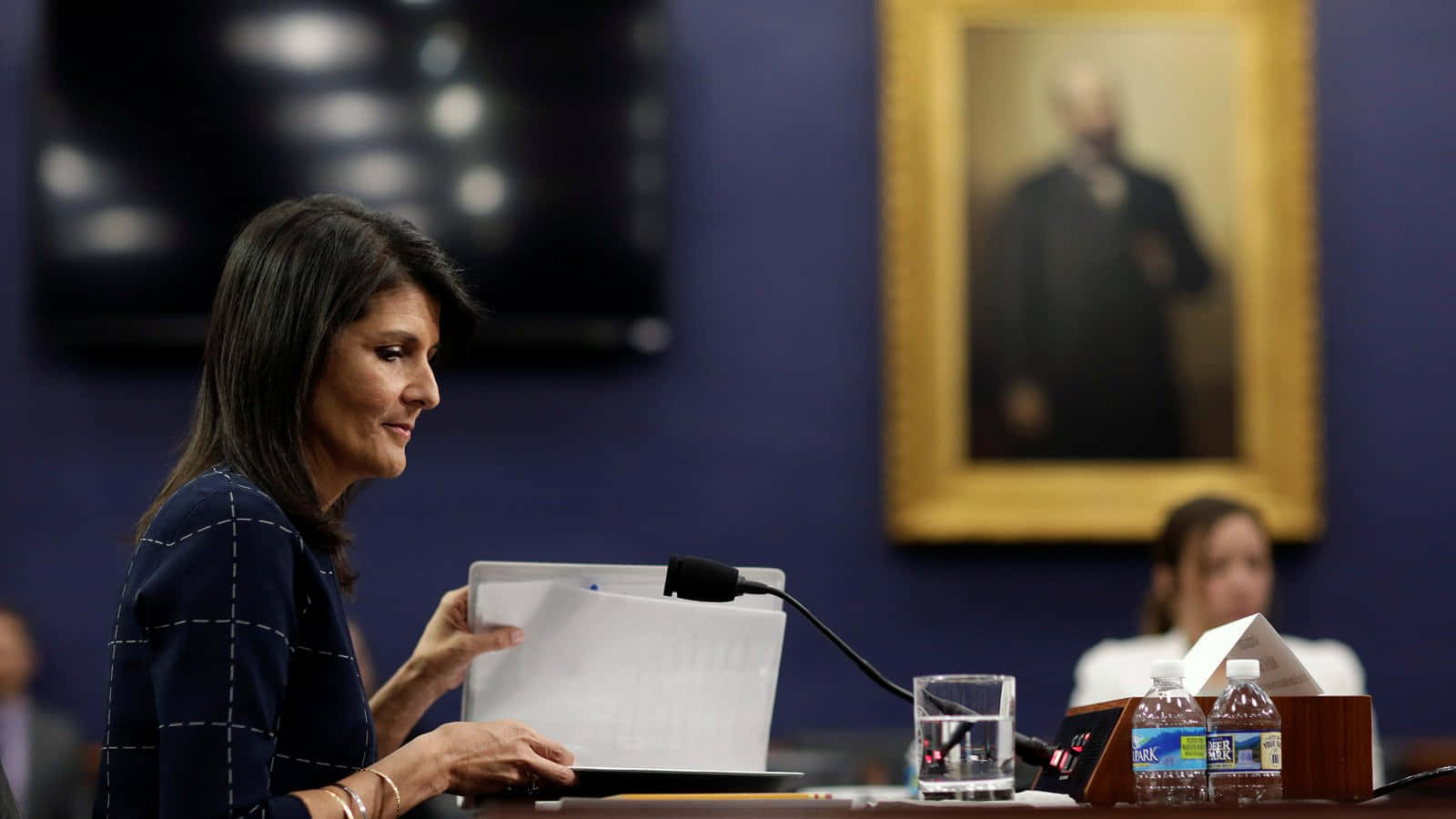 Nikki Haley, dark blazer, formal hearing table, HD Desktop Wallpaper