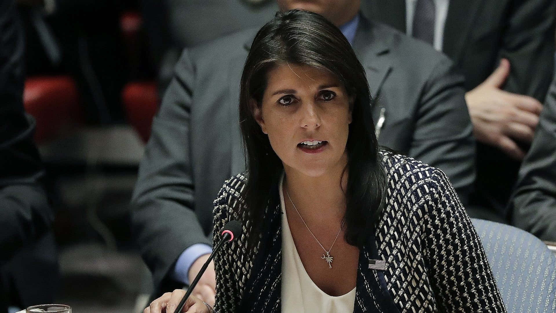 Nikki Haley, mic, patterned blazer, Full HD Desktop Wallpaper