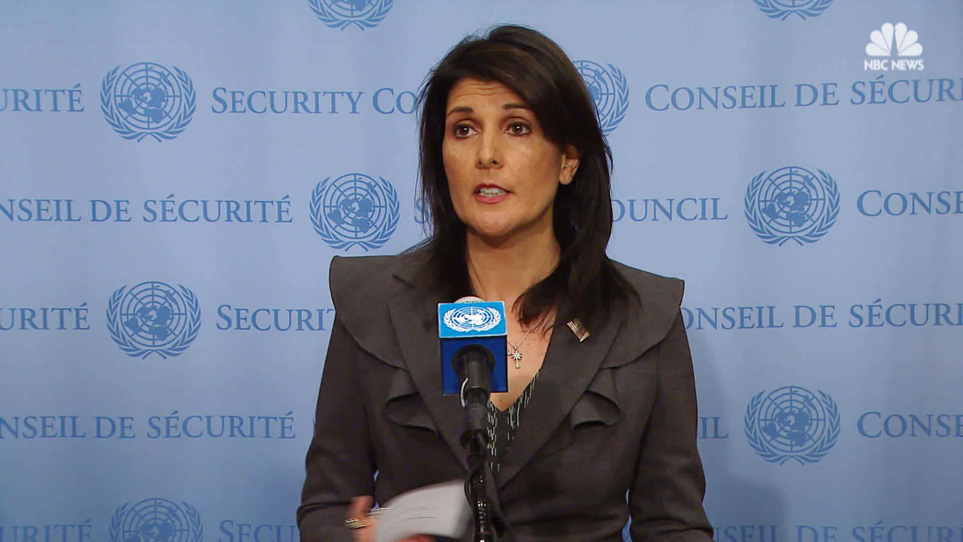 Nikki Haley, gray blazer, microphone, Full HD Desktop Wallpaper