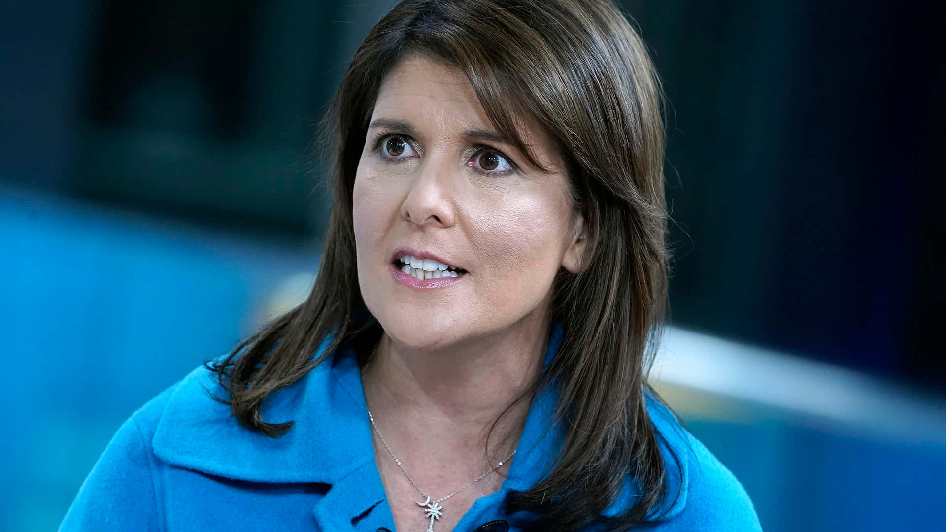 Nikki Haley, blue polo shirt, brown hair, Full HD Desktop Wallpaper
