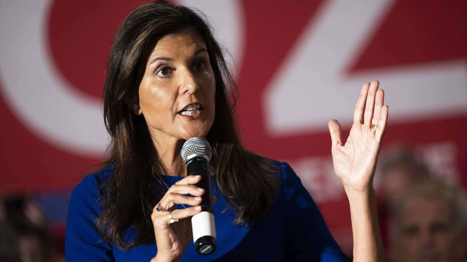 Nikki Haley, blue dress, red and white backdrop, HD Desktop Wallpaper