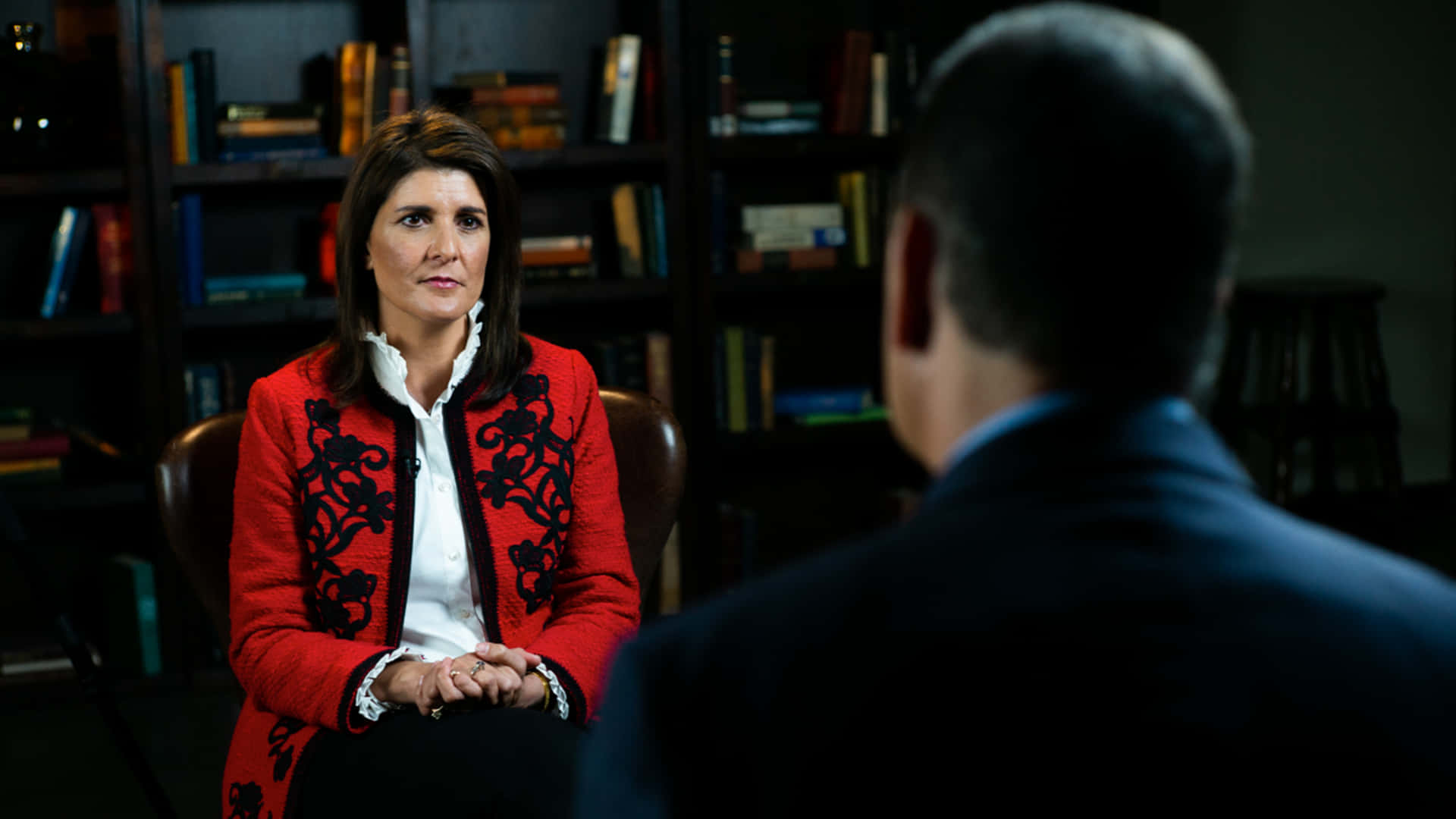 Nikki Haley, red embroidered jacket, dark suit, Full HD Desktop Wallpaper