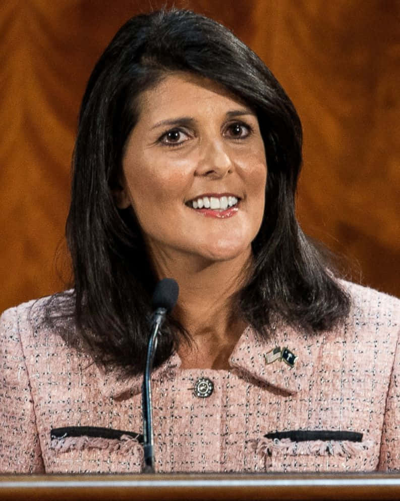 Nikki Haley, podium, textured pink blazer, SD Phone Wallpaper