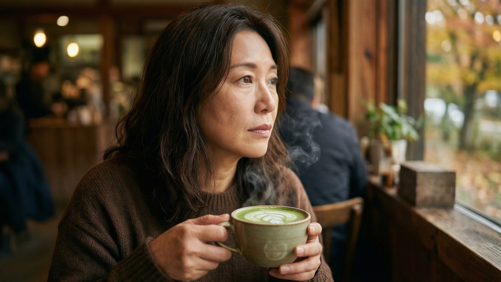 Nikki Hanada, matcha latte, cozy café, Full HD Desktop Wallpaper