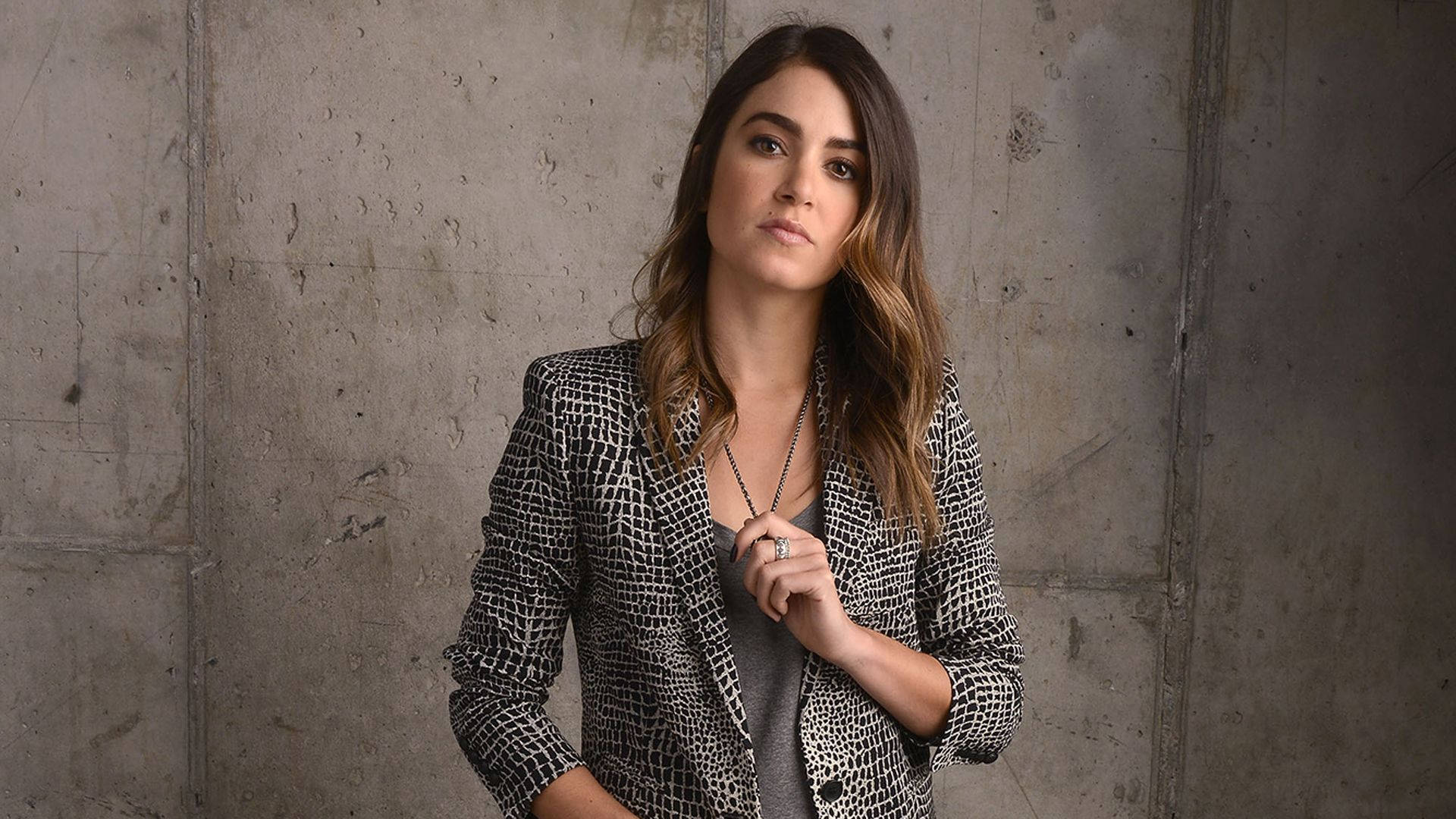 Nikki Reed, patterned blazer, textured concrete wall, Full HD Desktop Wallpaper