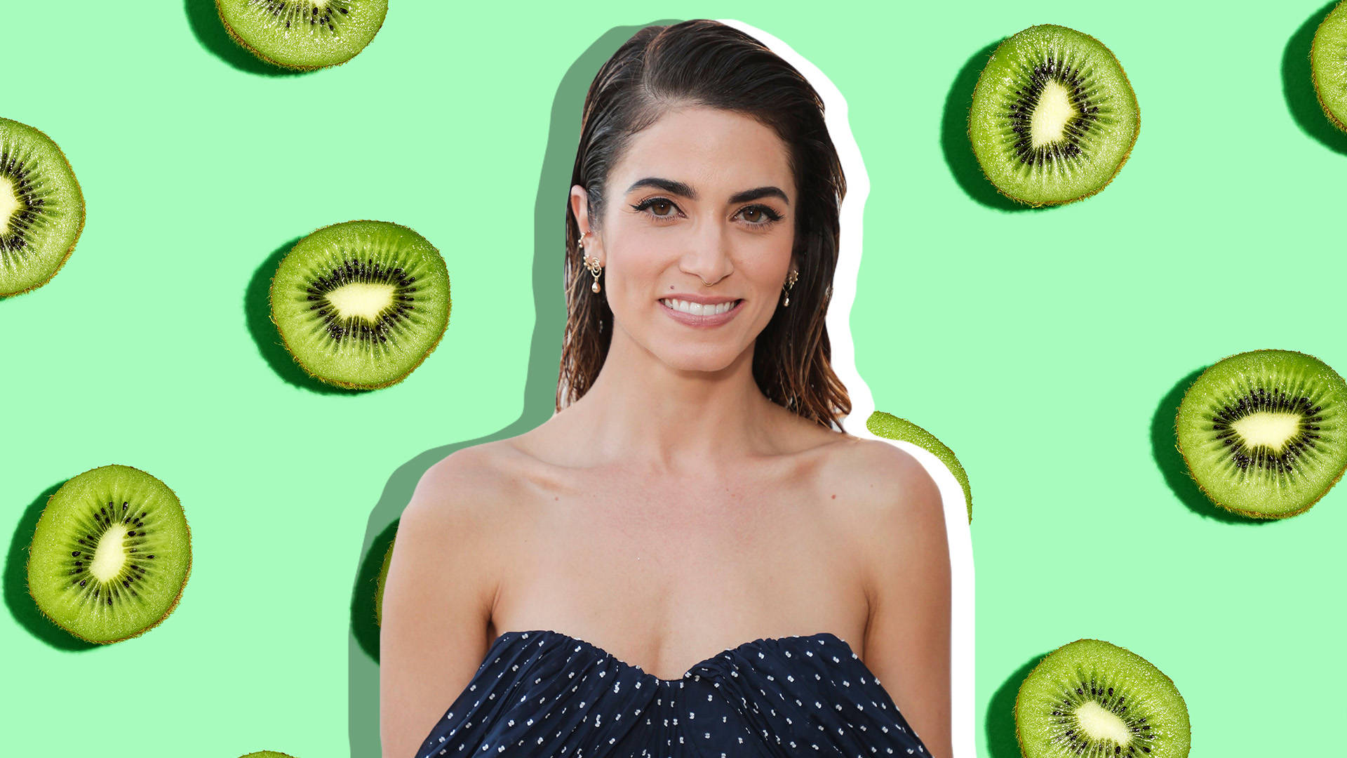 Nikki Reed, polka-dot top, bright green background, Full HD Desktop Wallpaper