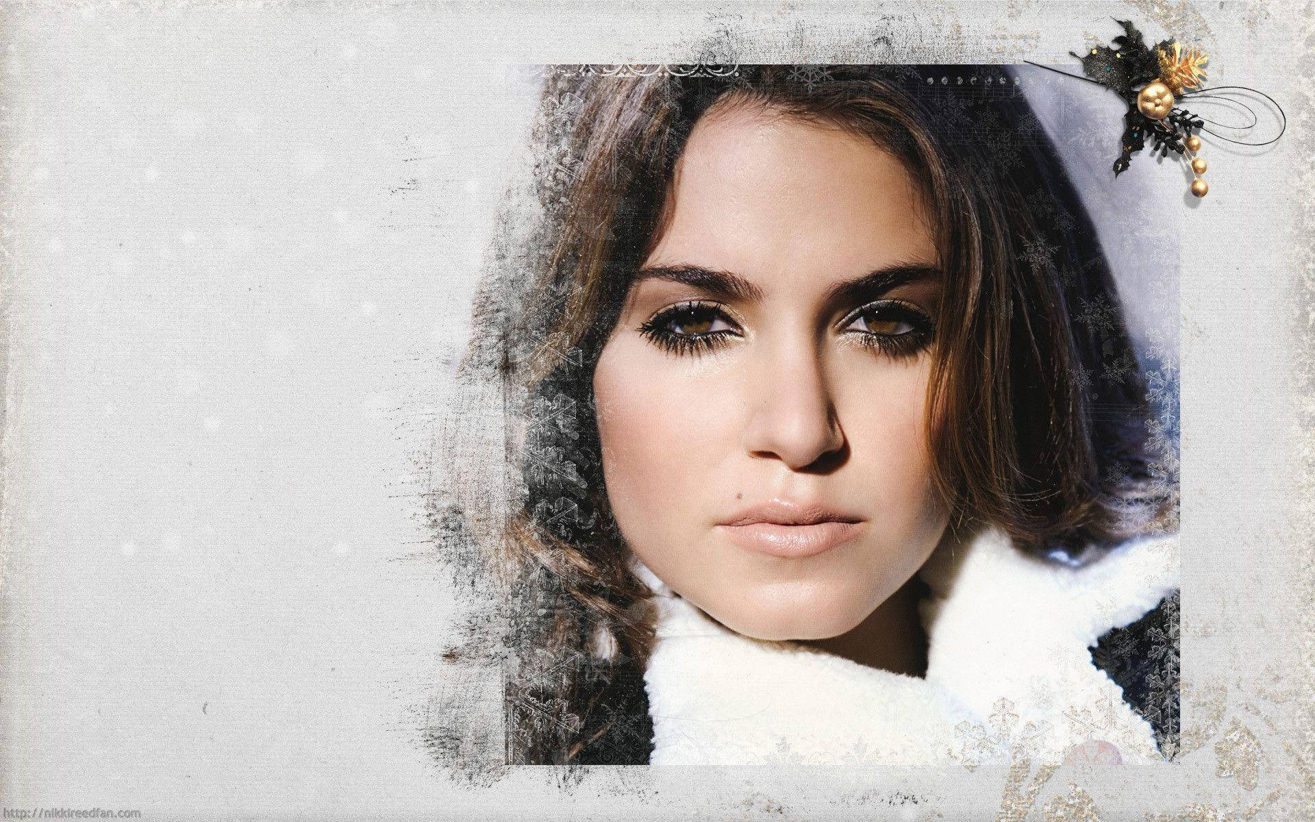 Nikki Reed, white fluffy collar, textured snowy background, Full HD Desktop Wallpaper