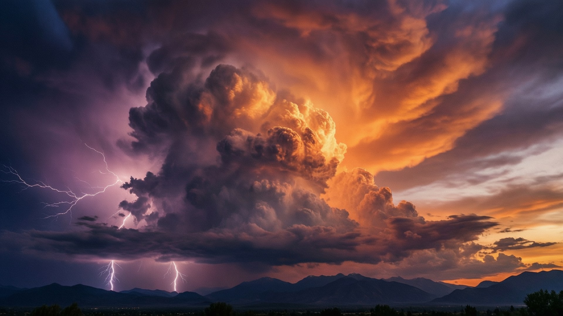 Stormy Sunset Nimbus, thunderstorm, vivid lightning strikes, Full HD Desktop Wallpaper