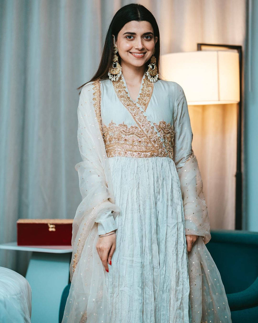 Nimrat Khaira, embroidered anarkali suit, light blue, HD Phone Wallpaper