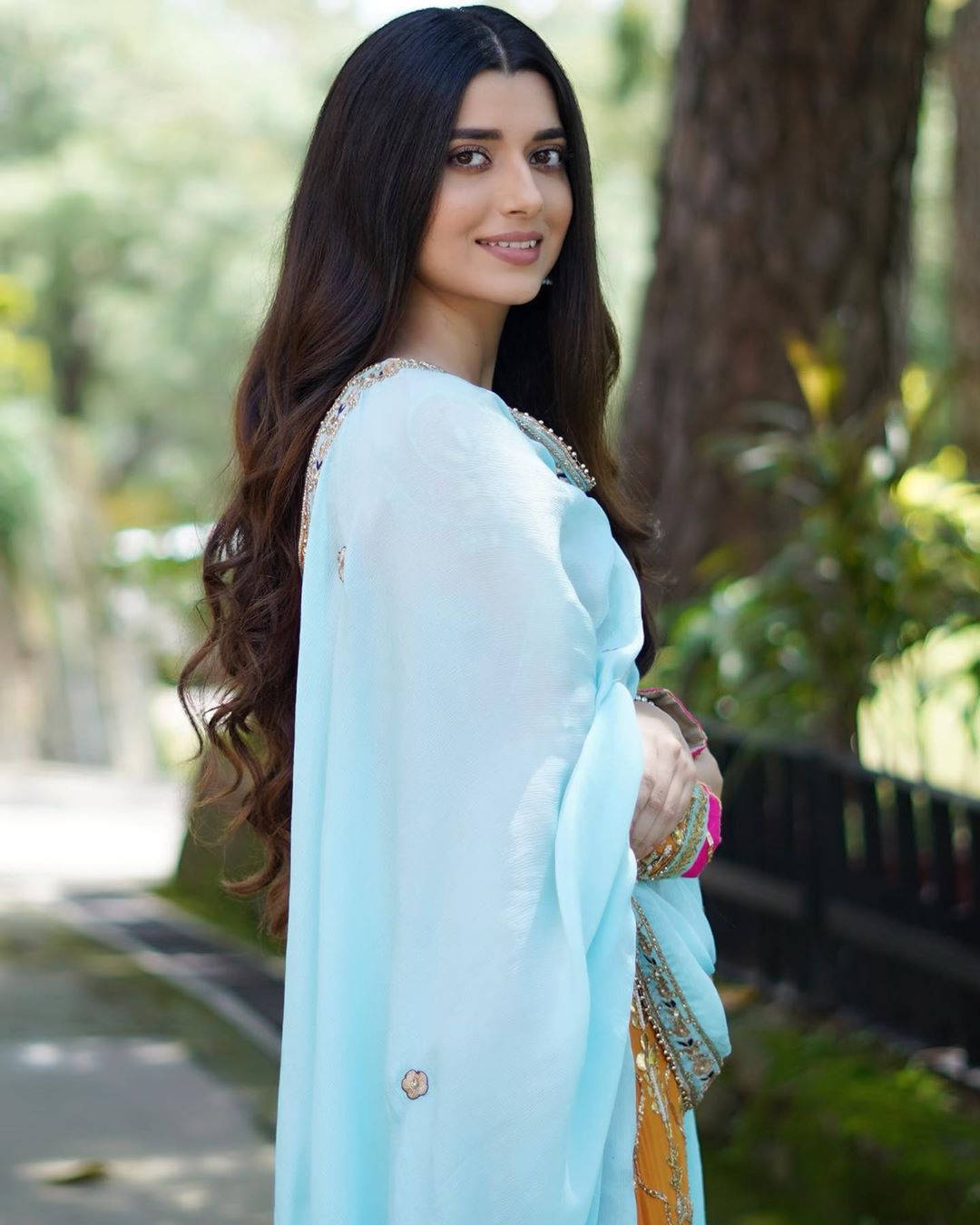 Nimrat Khaira, light blue traditional outfit, lush green trees, HD Phone Wallpaper