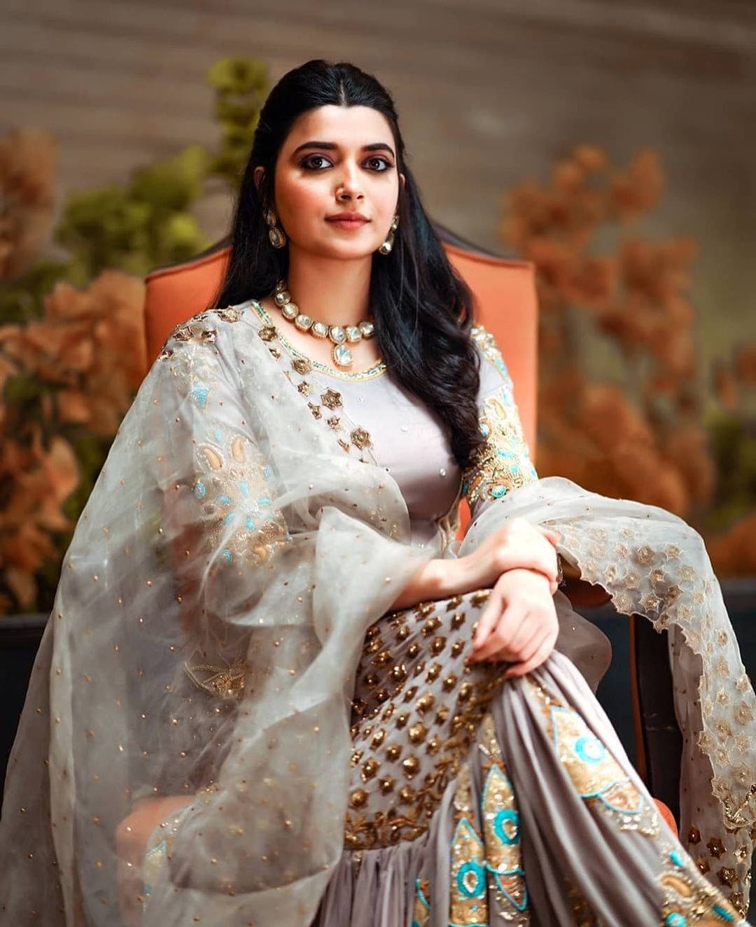 Nimrat Khaira, grey and gold embroidered outfit, orange chair, HD Phone Wallpaper