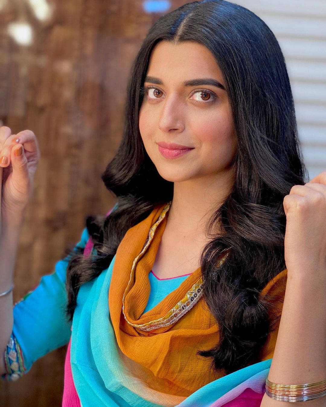Nimrat Khaira, long dark hair, vibrant blue and orange traditional outfit, HD Phone Wallpaper