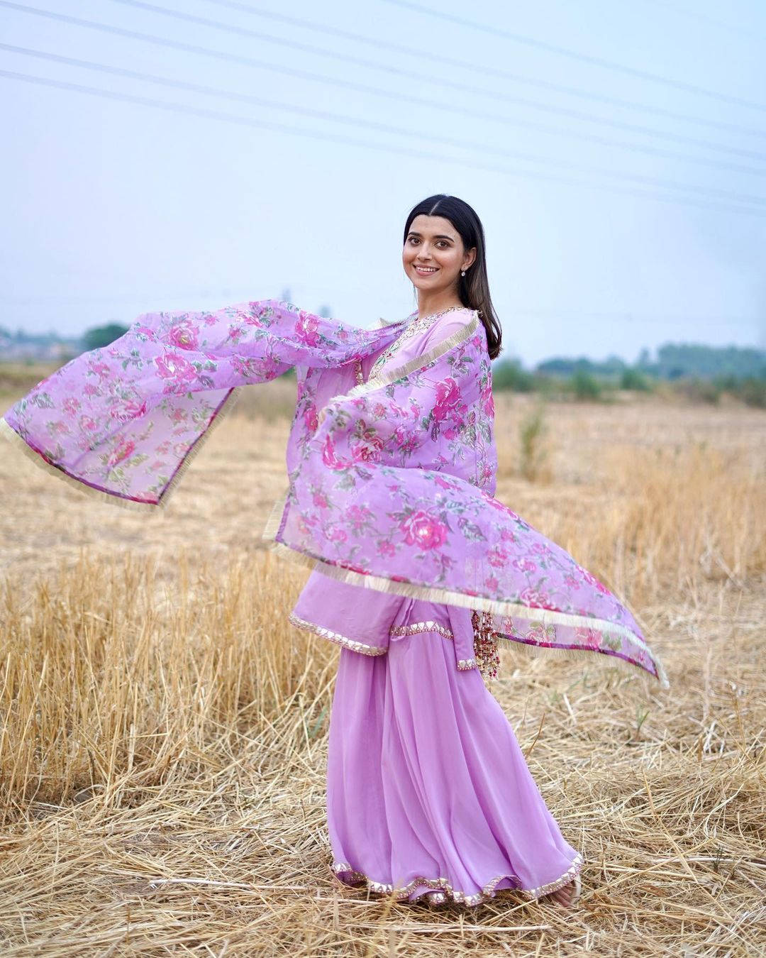 Nimrat Khaira, purple floral sari, golden wheat field, HD Phone Wallpaper
