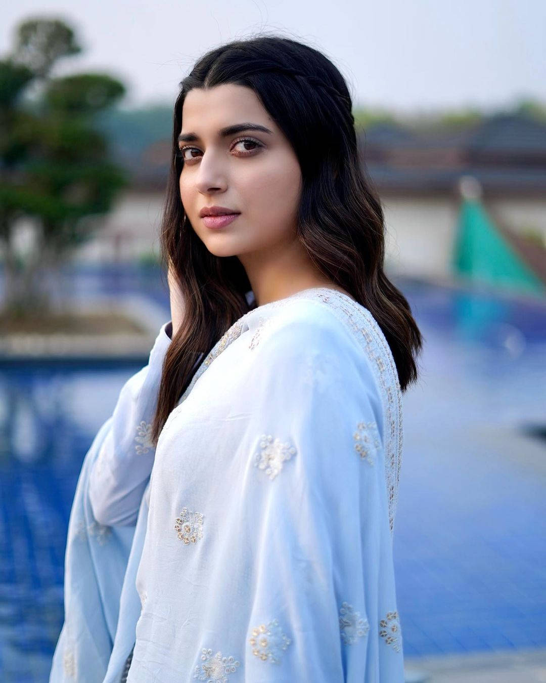 Nimrat Khaira, light blue embroidered outfit, pool, HD Phone Wallpaper