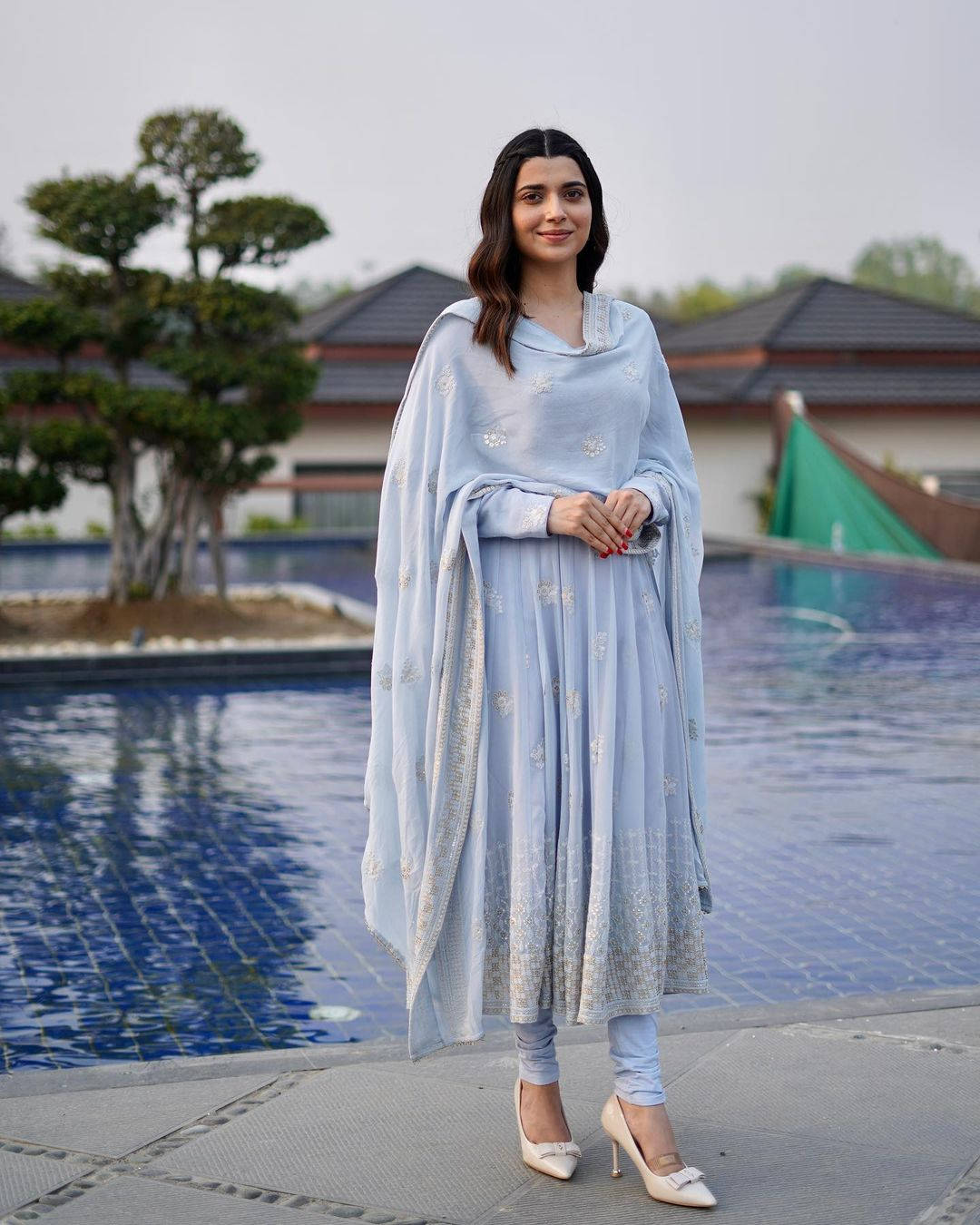 Nimrat Khaira, light blue embroidered anarkali suit, pool, HD Phone Wallpaper